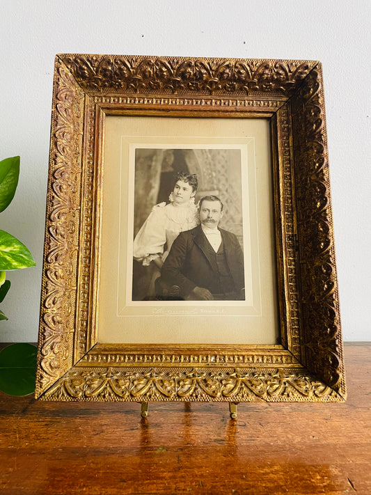 Antique Gorgeous Ornate Gold Wood Picture Frame with Glass - Black & White Photograph Currently Inside / Easily Removed - 6" x 8" Photo Size
