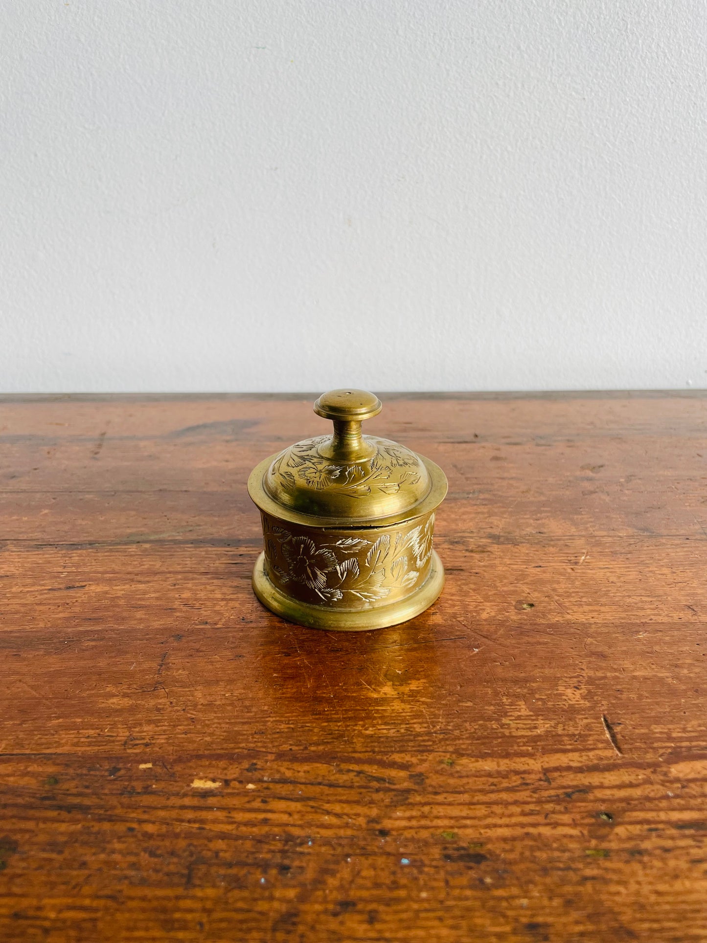 Etched Solid Brass Round Trinket Dish with Lid - Made in India