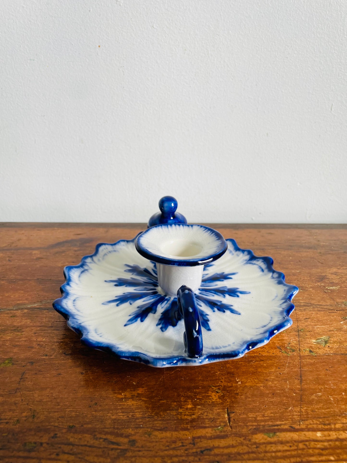 Vintage Staffordshire England Blue & White Ironstone Chamberstick Candle Holder with Snuffer