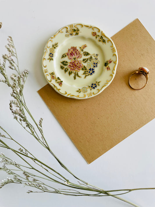Vintage Zsolnay Hand Painted Porcelain Plate with Beautiful Floral Design - Ring Dish / Butter Pat / Jewellery - Made in Hungary - Franklin Mint Miniature Plates of the World Collection