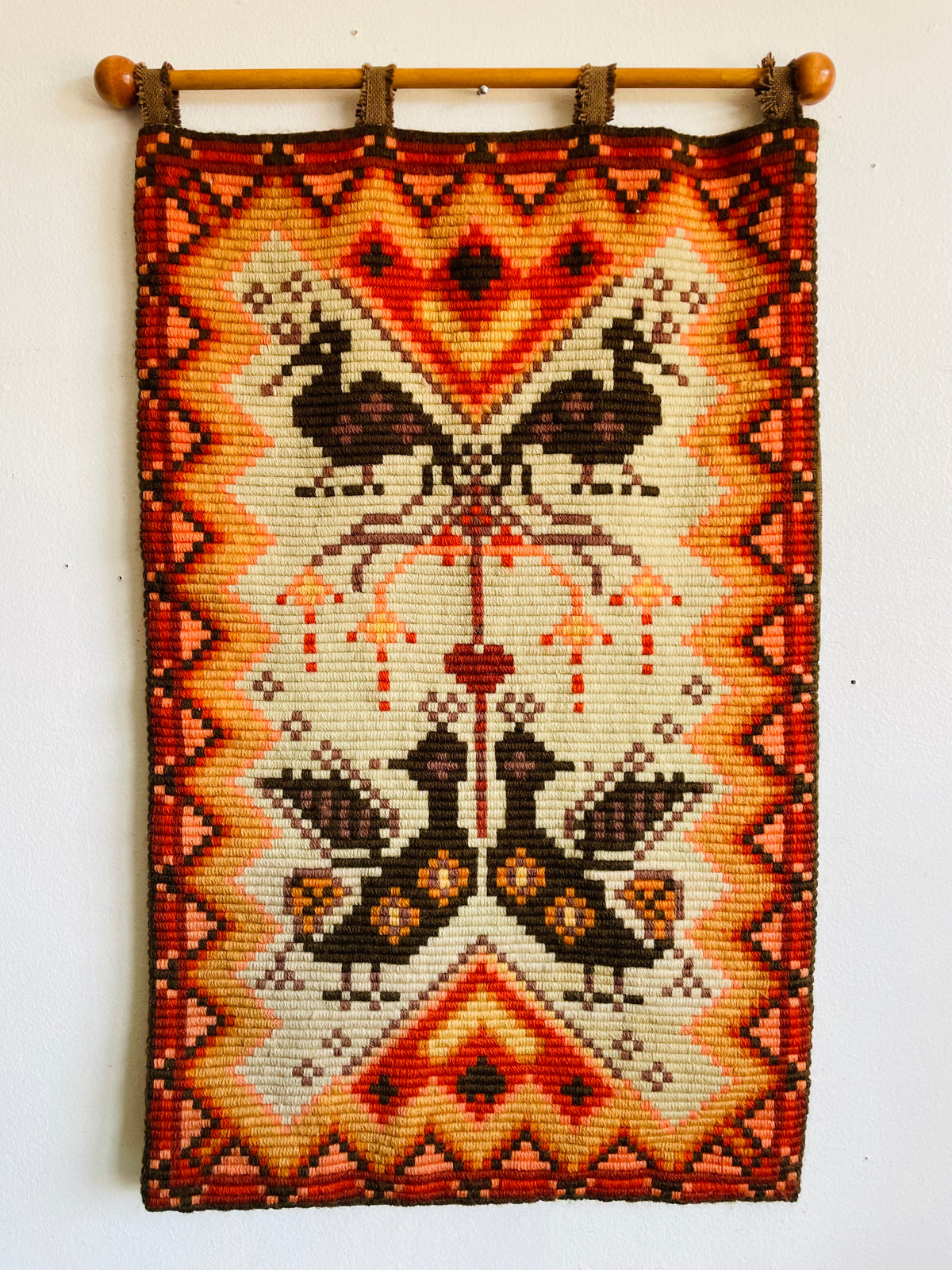 Vintage Mid-Century Modern Scandinavian Needlepoint Embroidery Wall Hanging Tapestry on Wood Dowel Rod - Orange, Red, Yellow, Brown & Cream Colours - Bird, Heart, Flower & Geometric Shape Design
