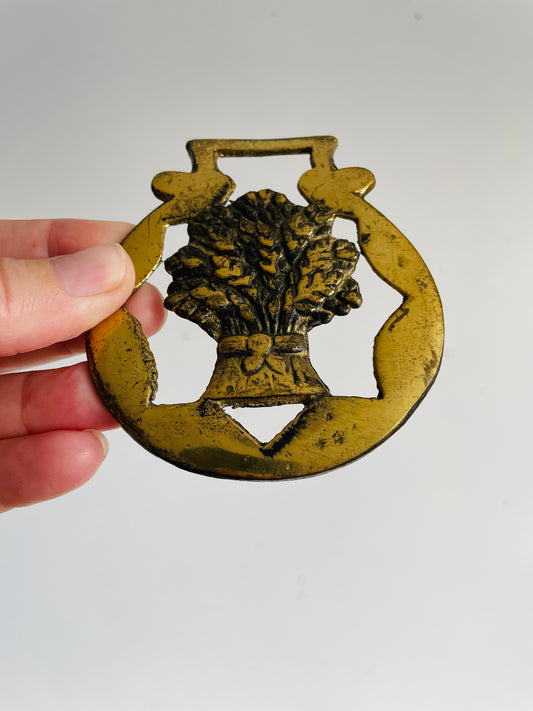 Vintage Horse Brass Medallion Hanging Wall Decor with Sheaf of Wheat
