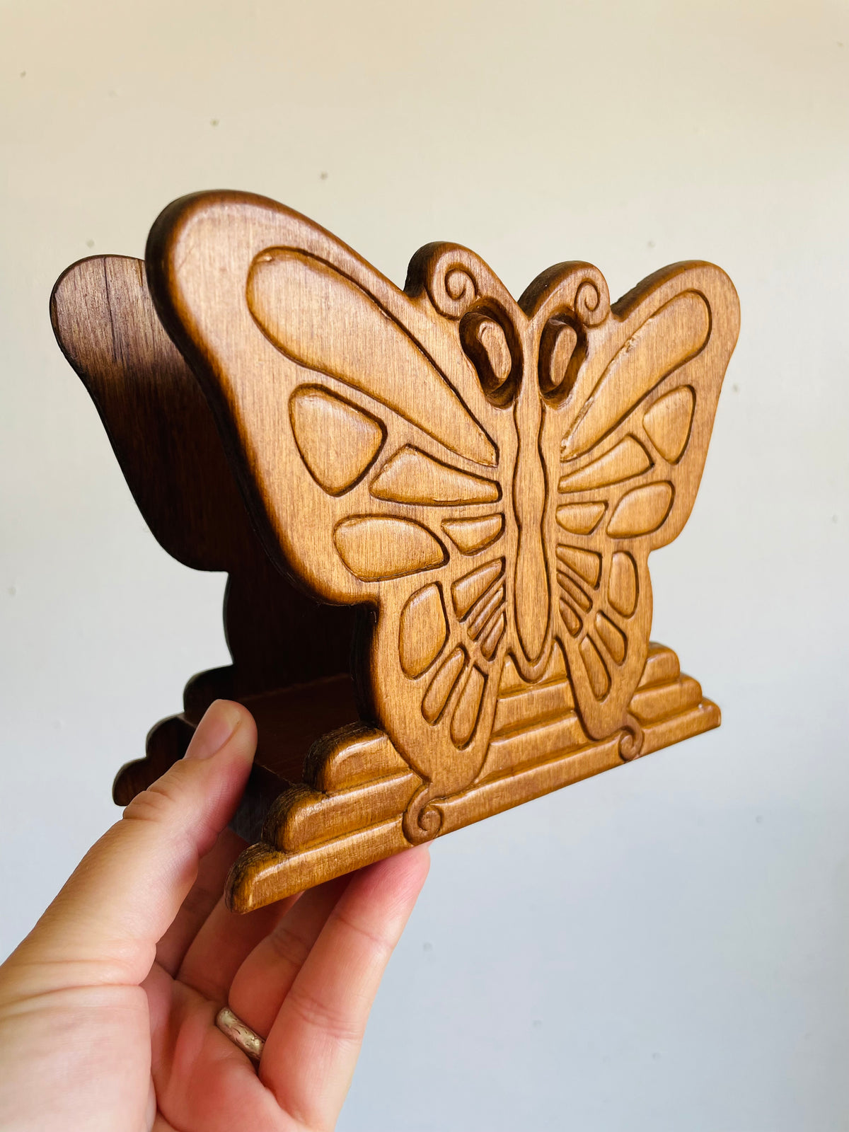 Vintage Carved Wood Butterfly Napkin Holder or Letter / Mail Organizer