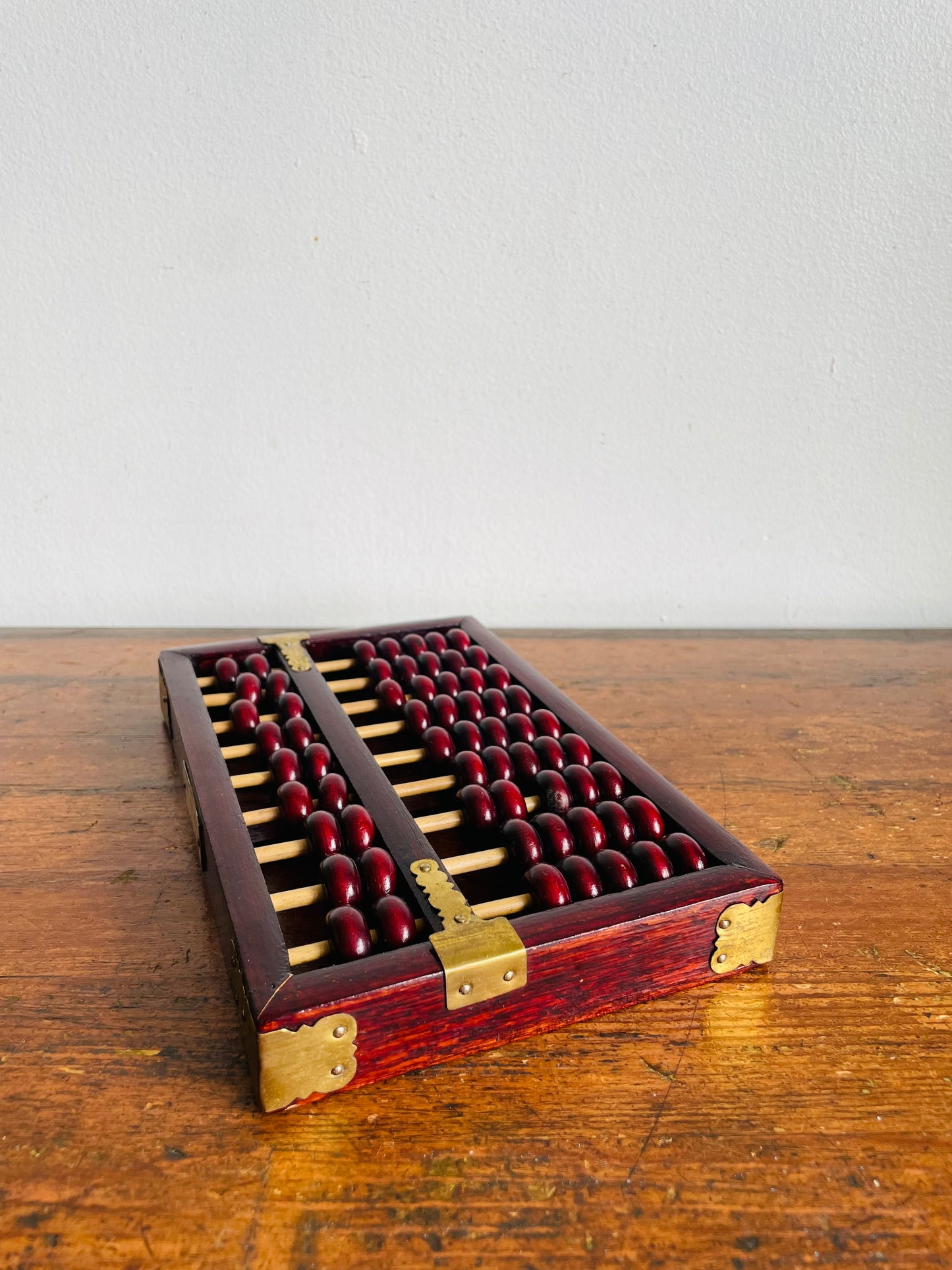 Vintage Red Lion Brand Chinese Suanpan Wood Abacus with Brass Details