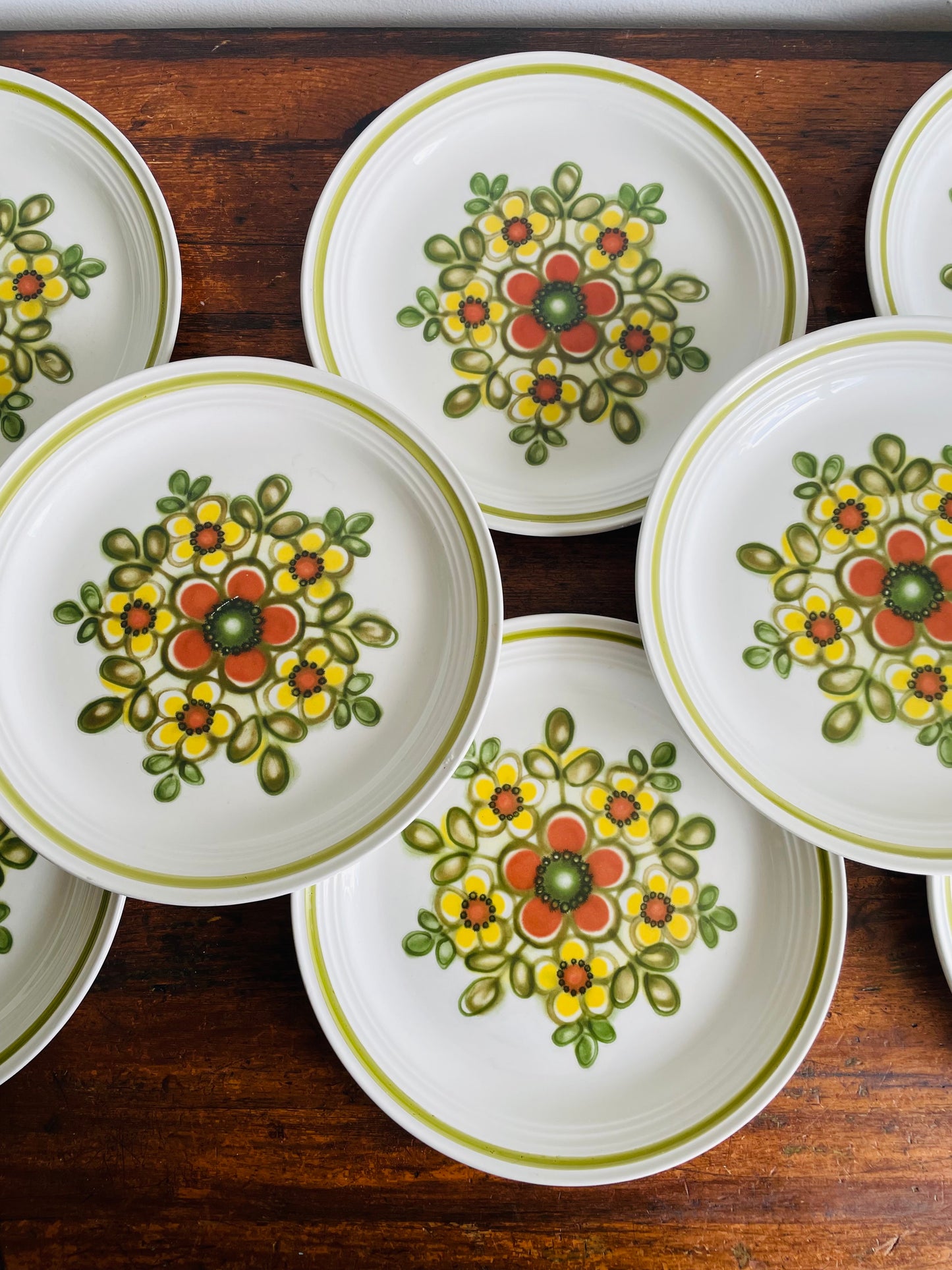Vintage 10" Dinner Plates with Groovy Orange, Yellow & Green Flower Power Pattern - Set of 8 -  Made in England