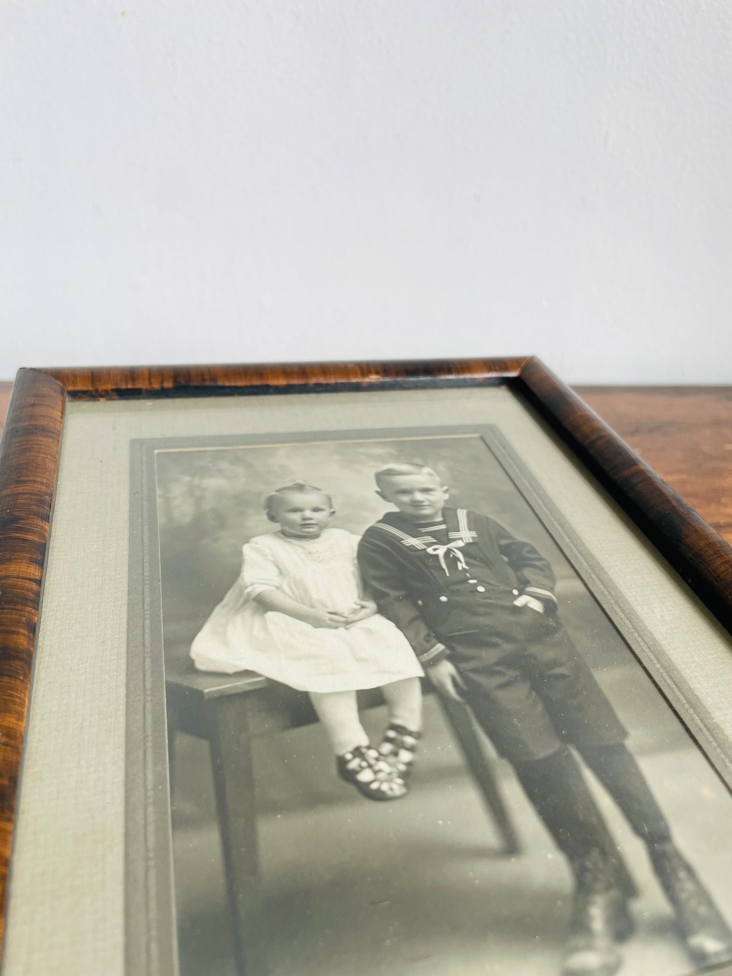 Antique Black & White Photograph of Victorian Era Children in Wood Frame with Mat - Girl in White Dress & Boy in Sailor Suit