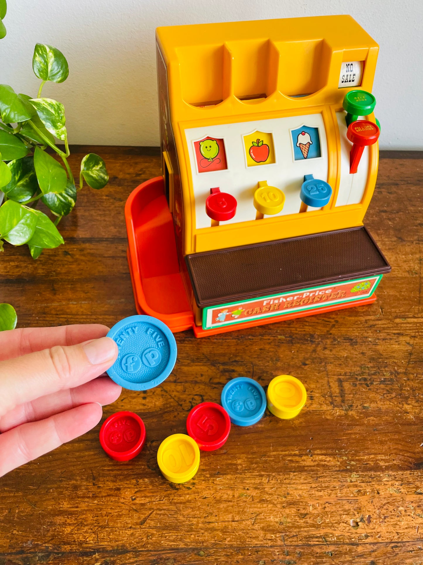 Vintage 1974 Fisher Price Toys Cash Register - Includes 6 Coins - Buttons, Bell, Drawer - Tested / Works!