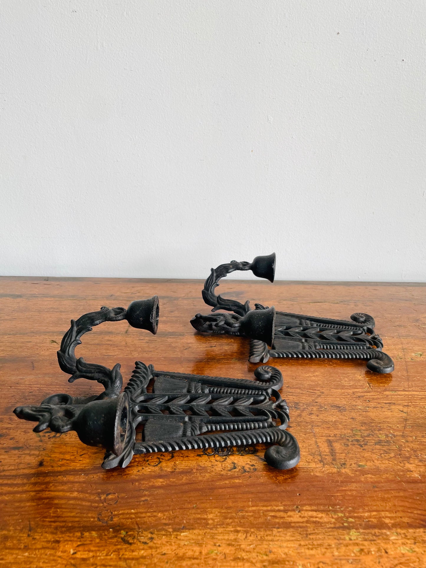 Vintage Wilton Cast Iron Double Candle Holder Wall Hanging Sconces - Set of 2