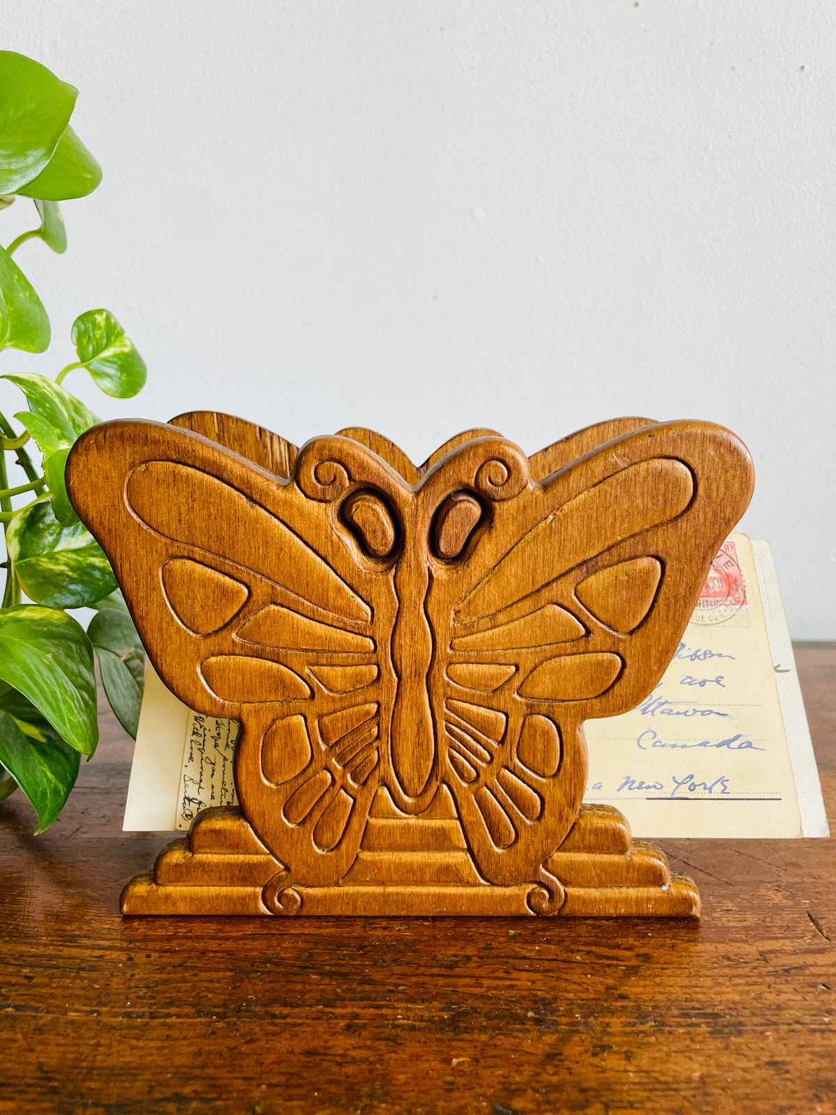 Vintage Carved Wood Butterfly Napkin Holder or Letter / Mail Organizer