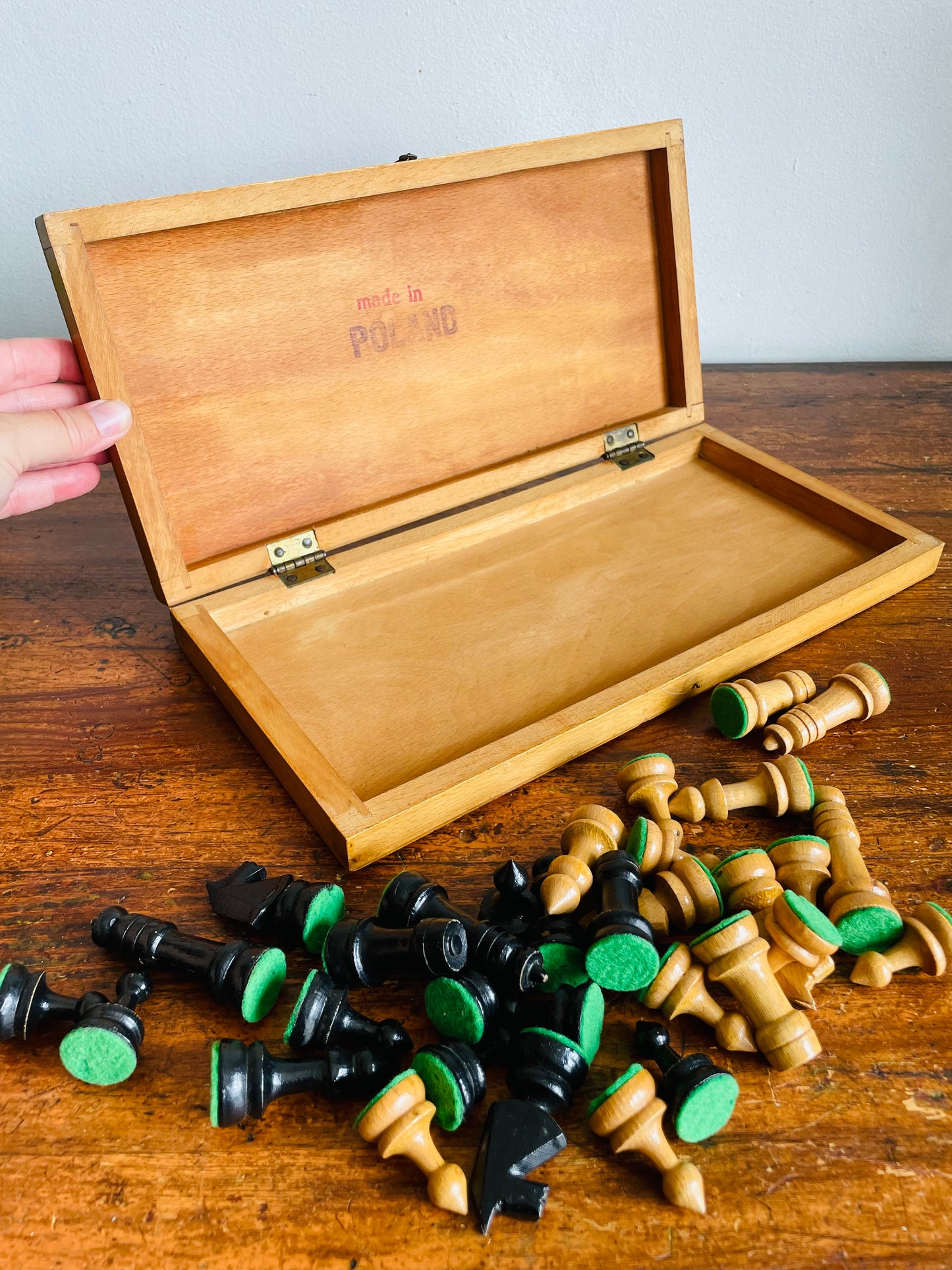 Vintage Hinged Folding Wood Chess Board Travel Case with Felt-Bottomed Wood Playing Pieces - Made in Poland