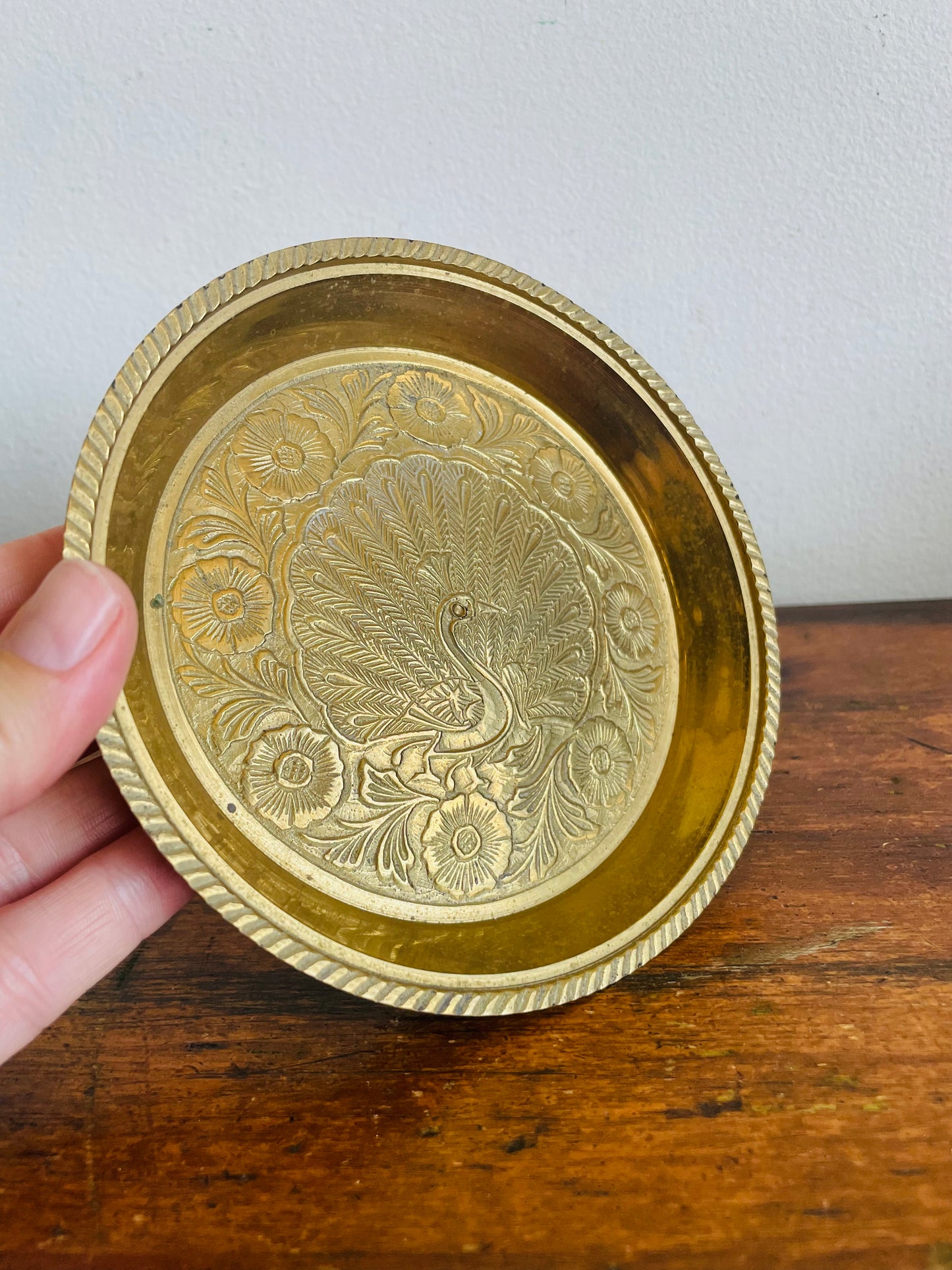 Vintage Solid Brass Trinket Bowl Dish with Embossed Peacock Bird & Flower Design - Made in India