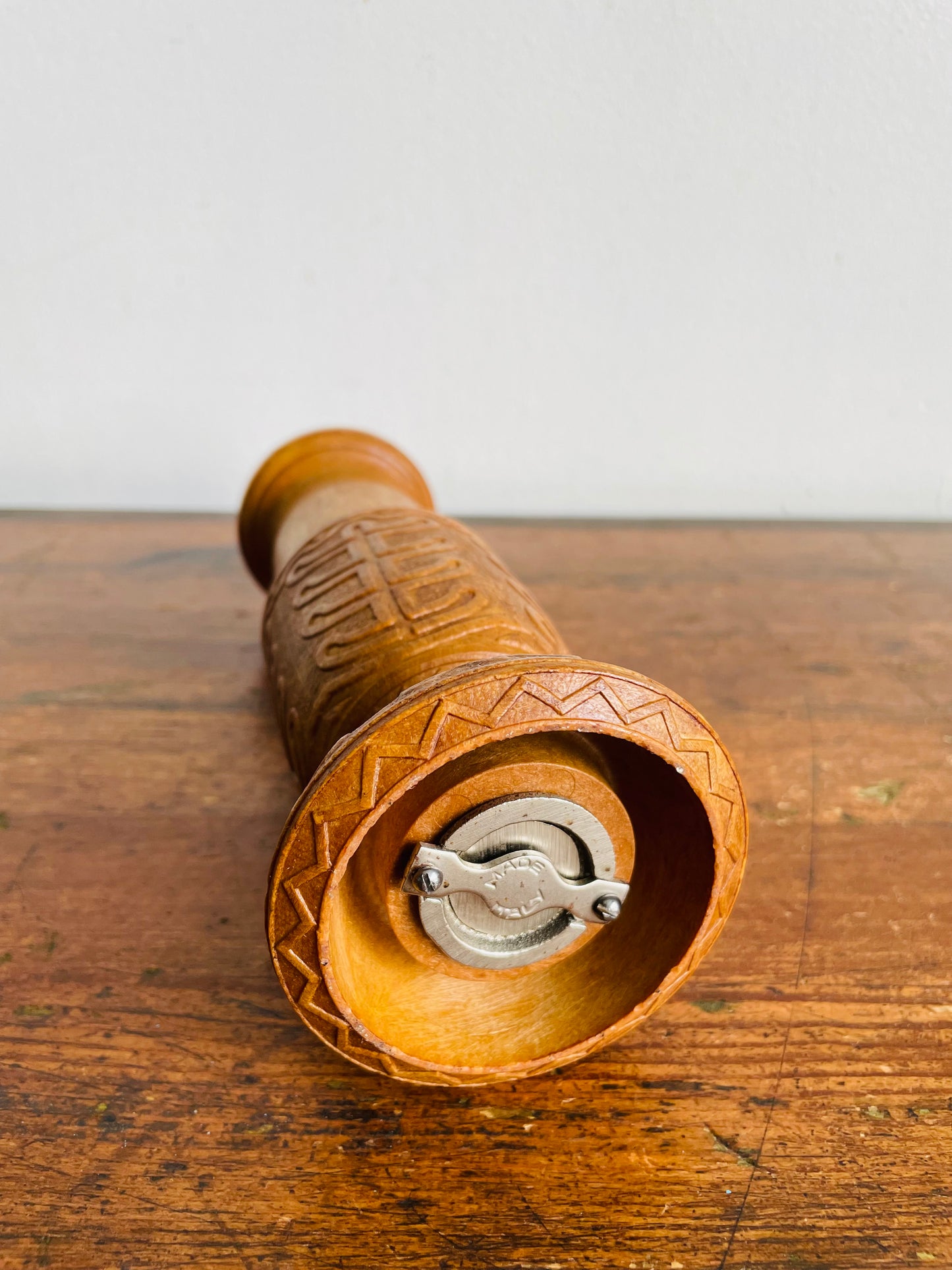 Vintage Carved Wood Pepper Mill Grinder with Interesting Design - Made in Italy
