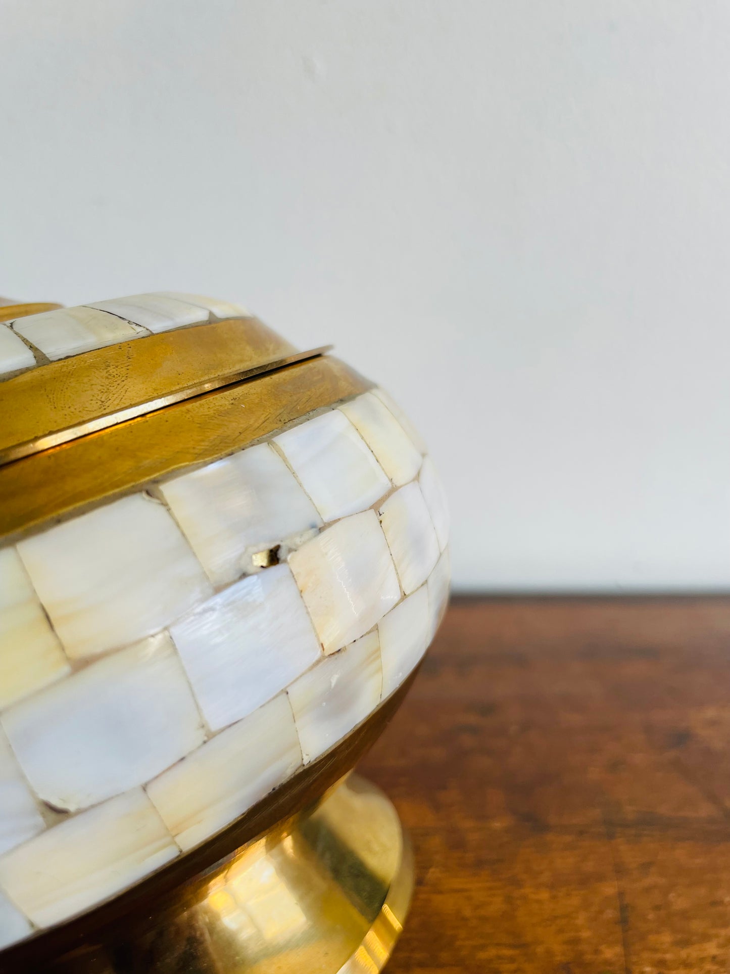 Beautiful Brass Pedestal Bowl with Lid & Inlaid Mother of Pearl Tiles