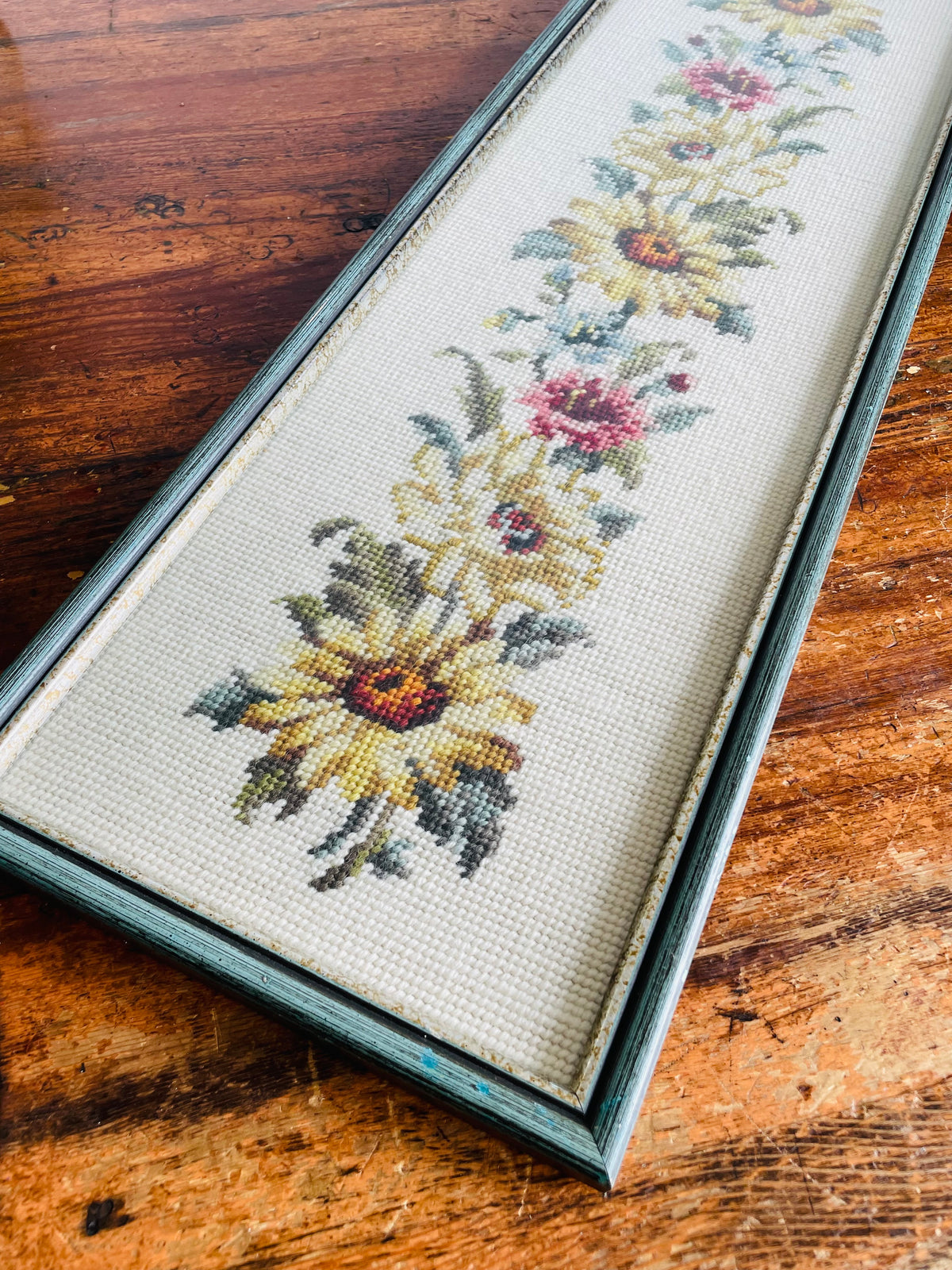 Vintage 2.5 Feet Long Needlepoint Embroidery Picture of Flowers - No Shipping