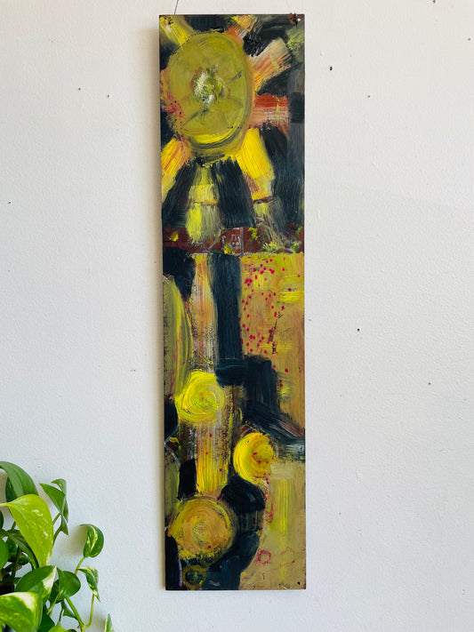 Original Art Yellow & Black Abstract Painting on Wood Board with Fish Hooks to Hang From Wall - Purchased from an Artist's Estate in Fort Erie, ON - No Shipping