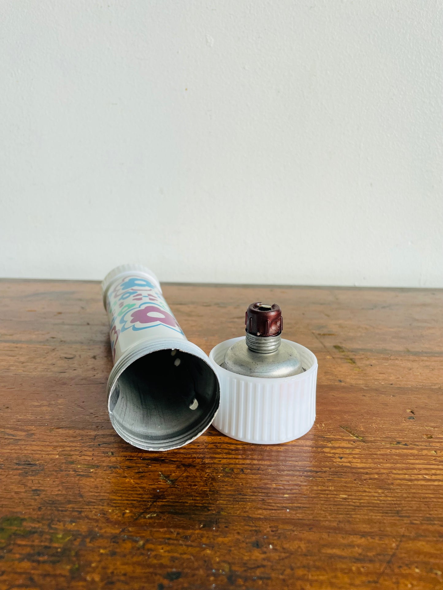 Vintage Rose Brand White Metal Flashlight with Purple, Blue & Green Flower Power Design - Made in Hong Kong - Tested / Works!