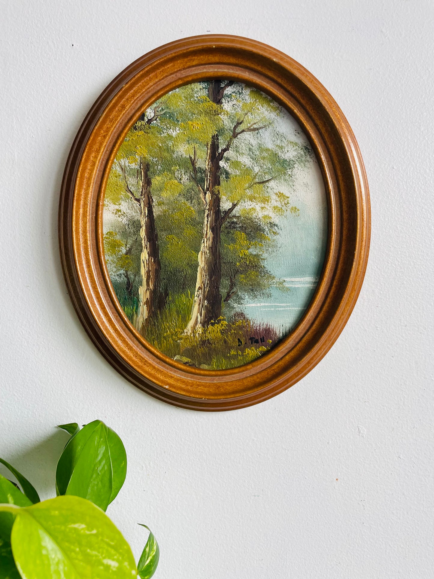 Vintage Original Art Painting of Tree Forest Scene Beside Lake in Oval Frame - Artist Signed