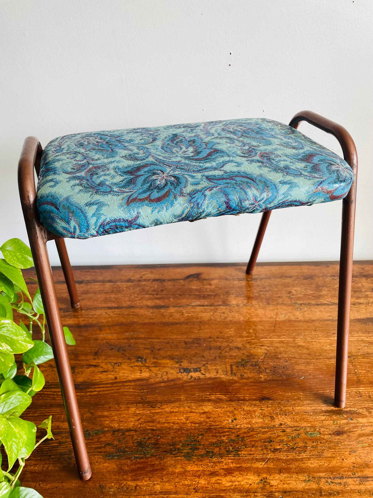 Vintage 1968 Perfect Chrome Furniture Co. Stackable Stool Chair with Vinyl Cushion - Blue Floral Pattern #1 - Made in Toronto