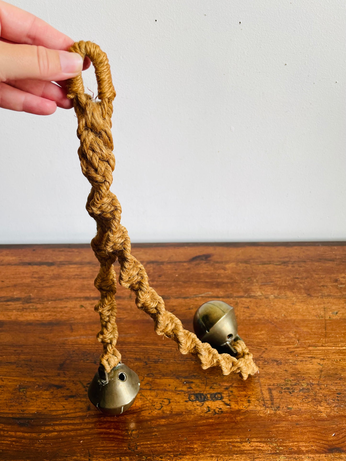 Vintage Handwoven Jute Rope Macrame Garland with Large Brass Jingle Bells - Wall Decor, Chime, Curtain Tieback, Etc.