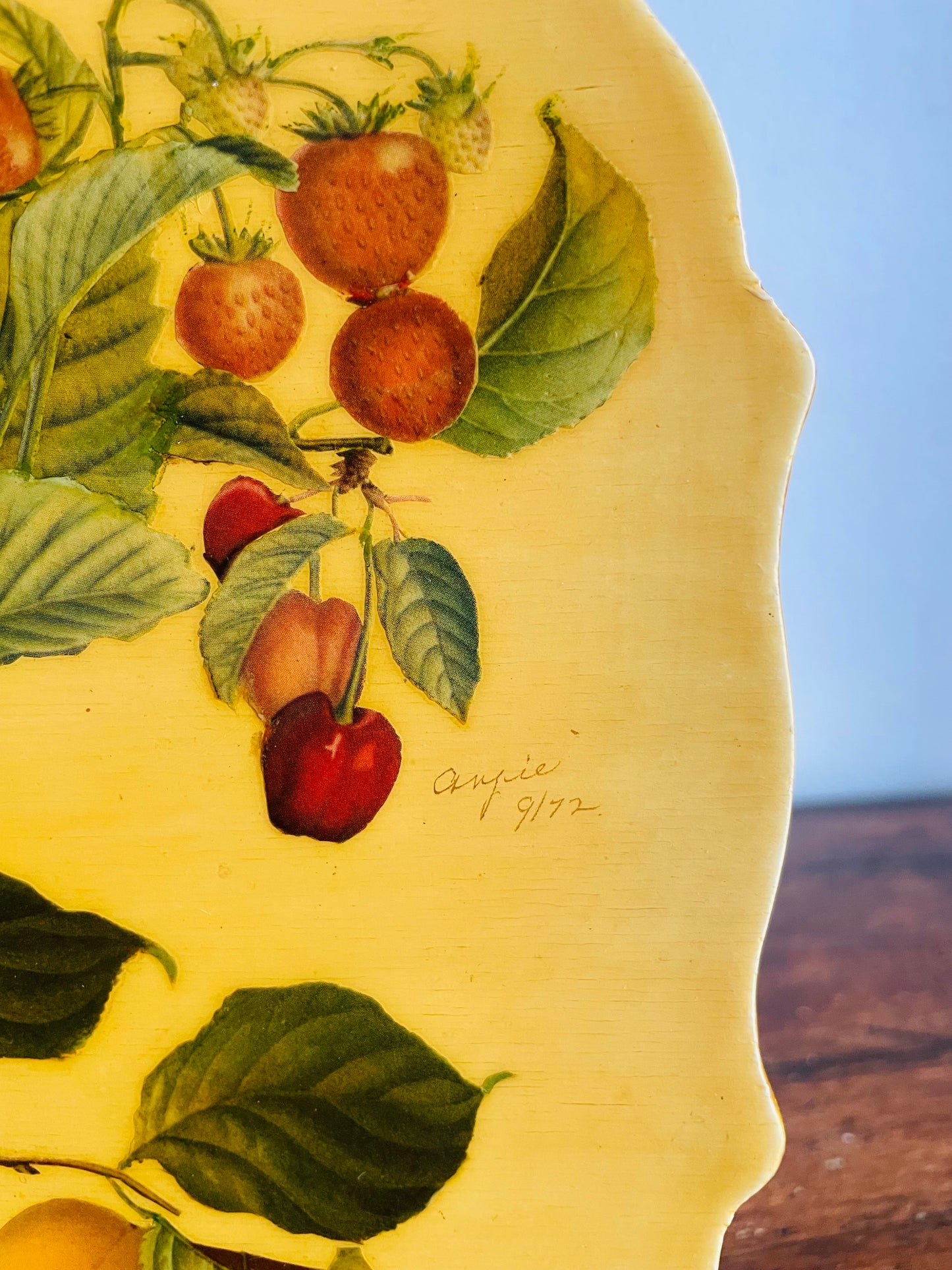 Vintage 1972 Wood Woven Decoupage Basket Purse or Storage Container with Botanical Fruit & Butterfly Design - Artist Signed - Angie 9/72