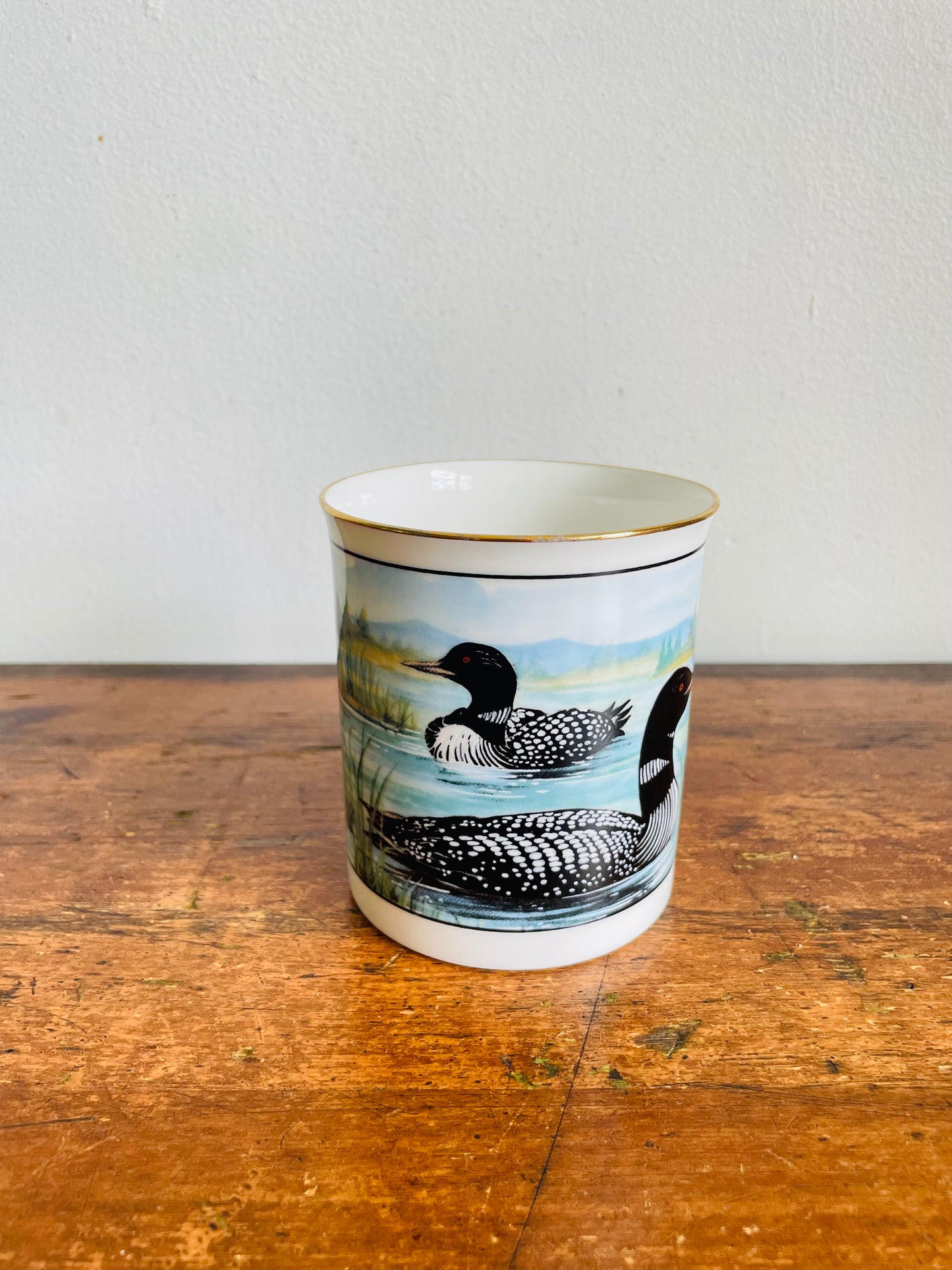 Vintage Mug With Loon Birds on Lake Graphic #1 - Sunrise Fine Bone China - Made in Canada
