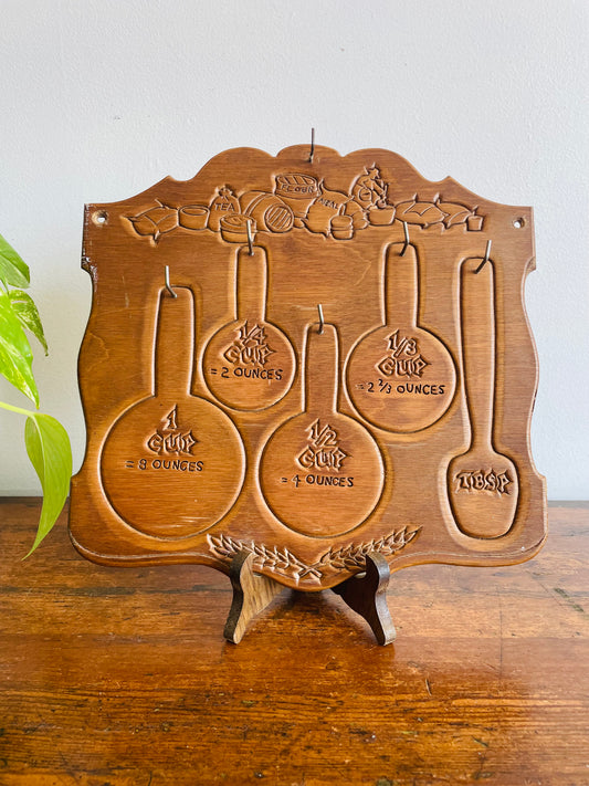 Carved Wood Kitchen Wall Hanging with Hooks for Measuring Cups & Spoons - Includes Cup and Ounce Conversions