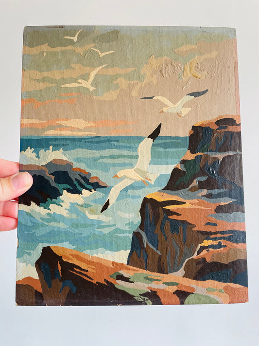Vintage 1960s Paint by Number (PBN) Picture on Board of Seagulls in Flight over Cliffs & Crashing Waves- 8" x 10"