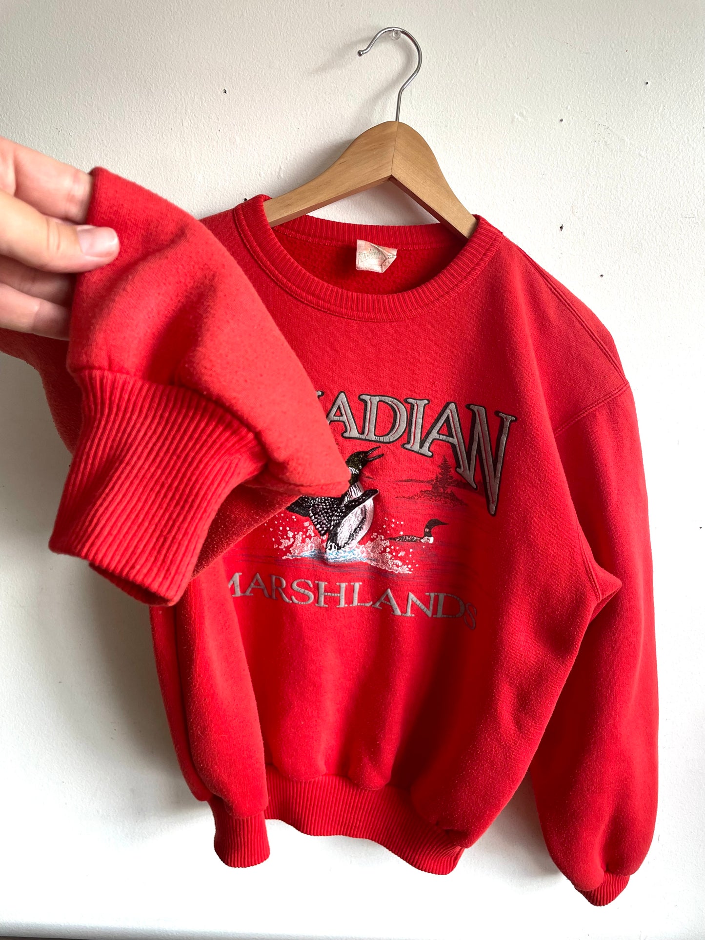Vintage 1990s Canadian Marshlands Red Crewneck Sweatshirt with Embroidered Loon Bird Graphic - Made in Canada - Size Medium