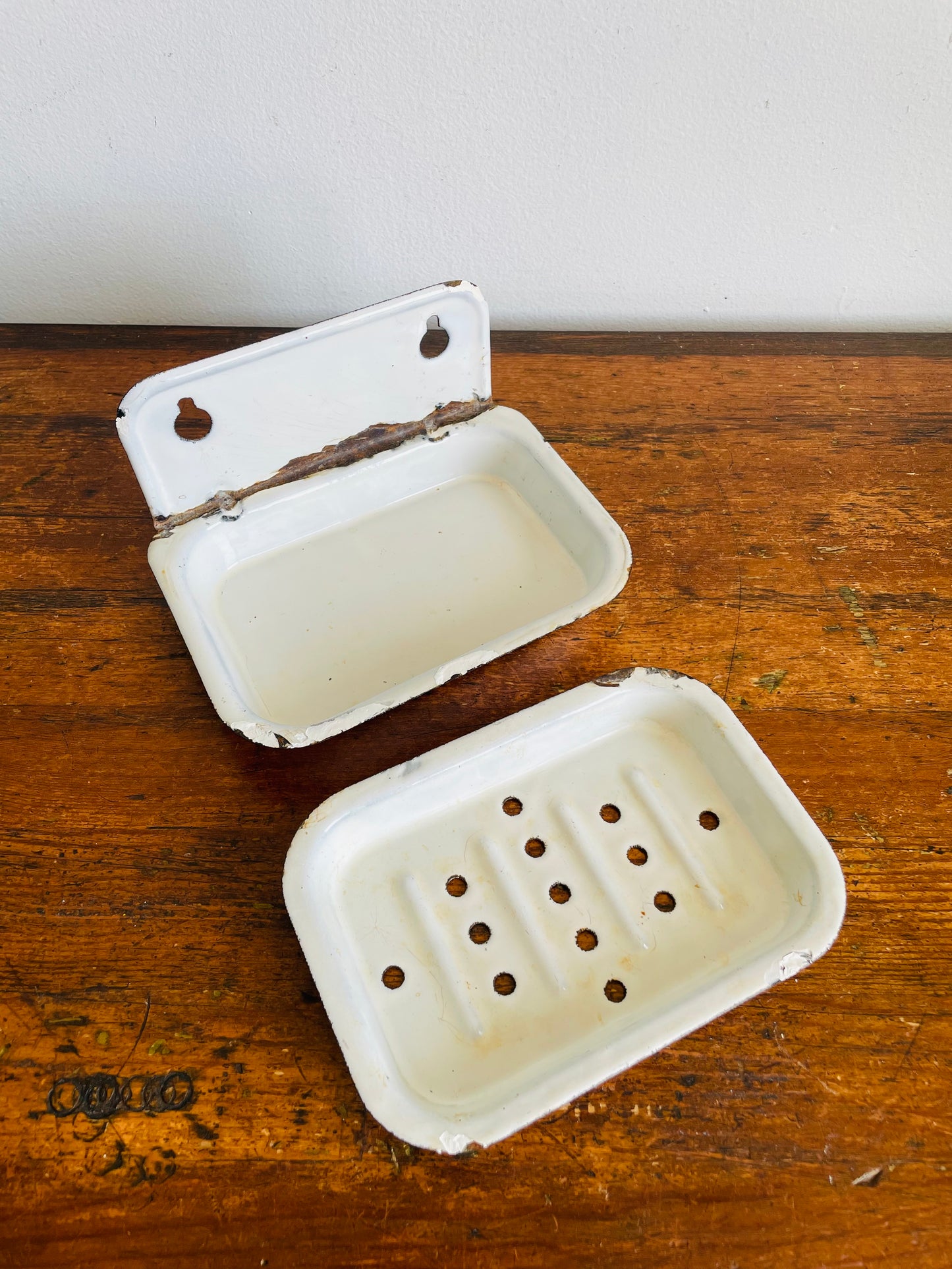 Vintage White Enamel Wall Mount Two Part Soap Dish - Removable Drainage Tray  - Can Stand or Hang - Modern Cottage Farmhouse