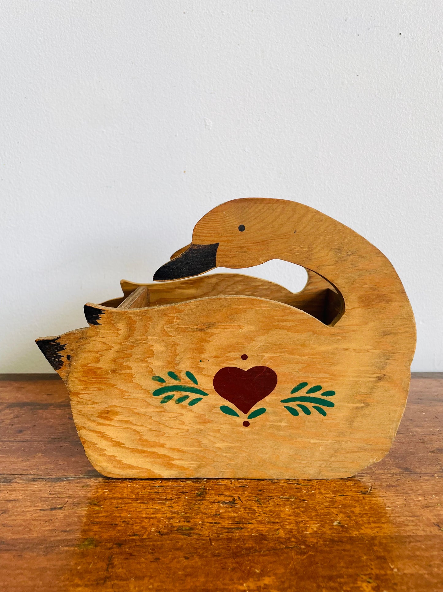 Vintage Folk Art Wood Swan Caddy Box Holder with Heart & Leaf Design - Trinkets, Planter, Napkins, Etc.