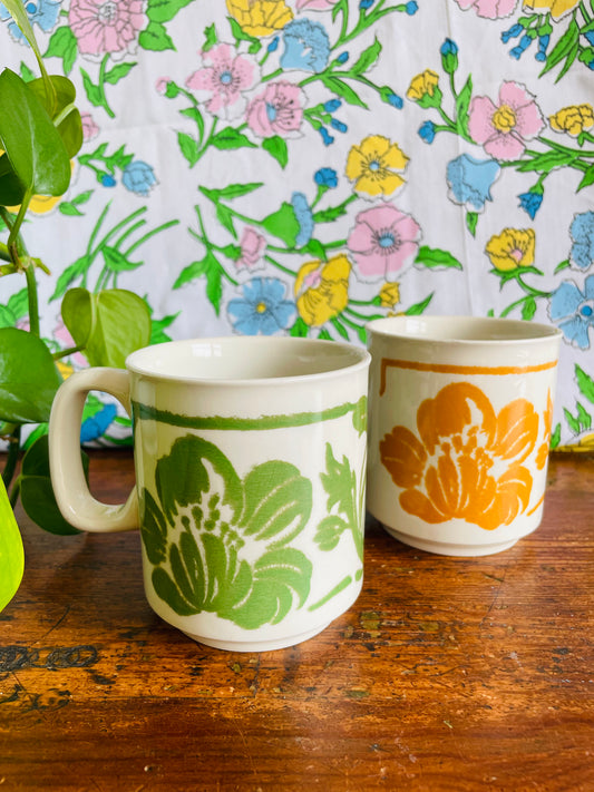 Mustard Yellow & Green Flower Mugs - WP Made in England - Set of 2