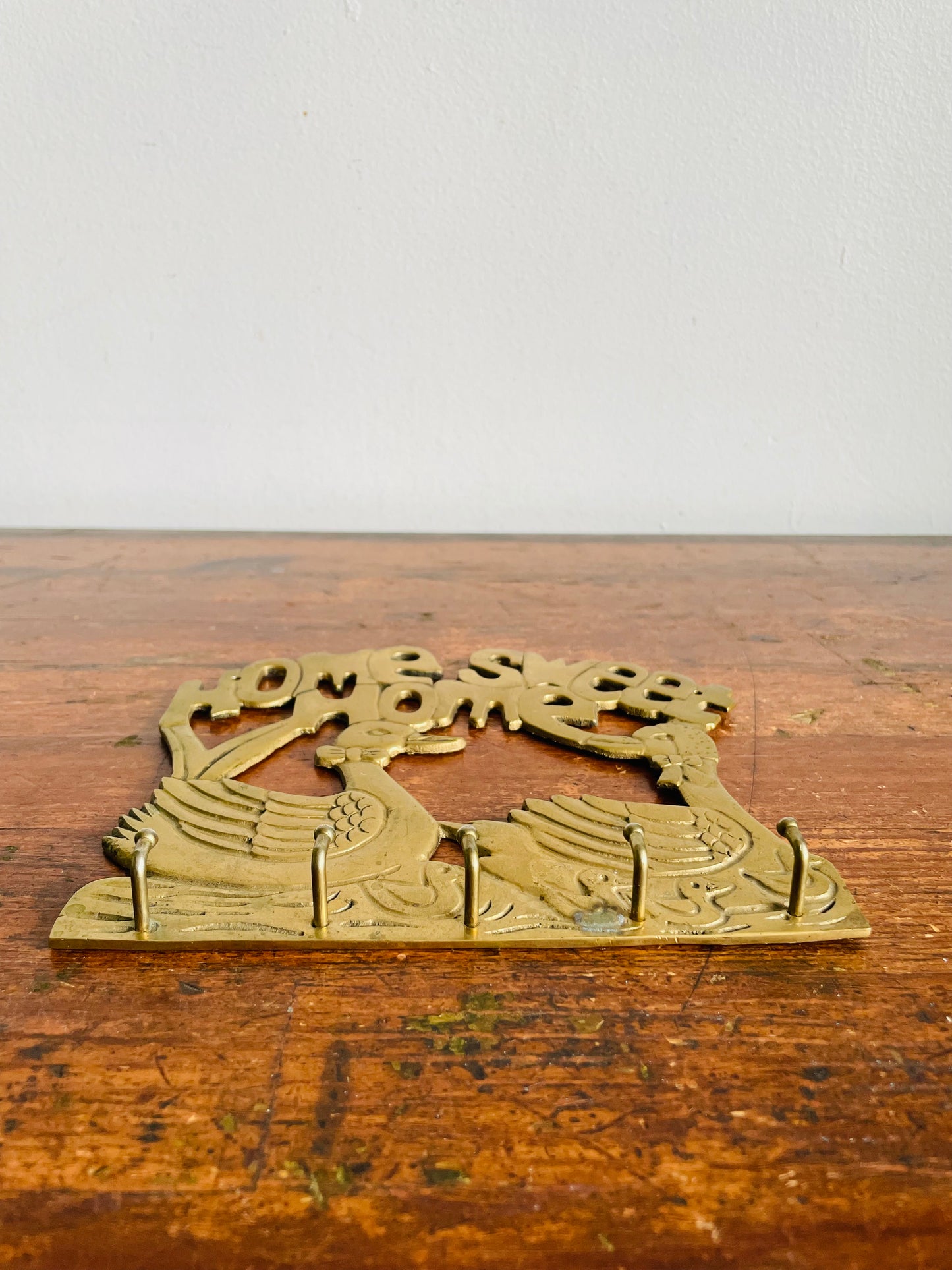 Vintage Solid Brass Home Sweet Home Key Holder Hanger Rack with Duck Family & 5 Hooks