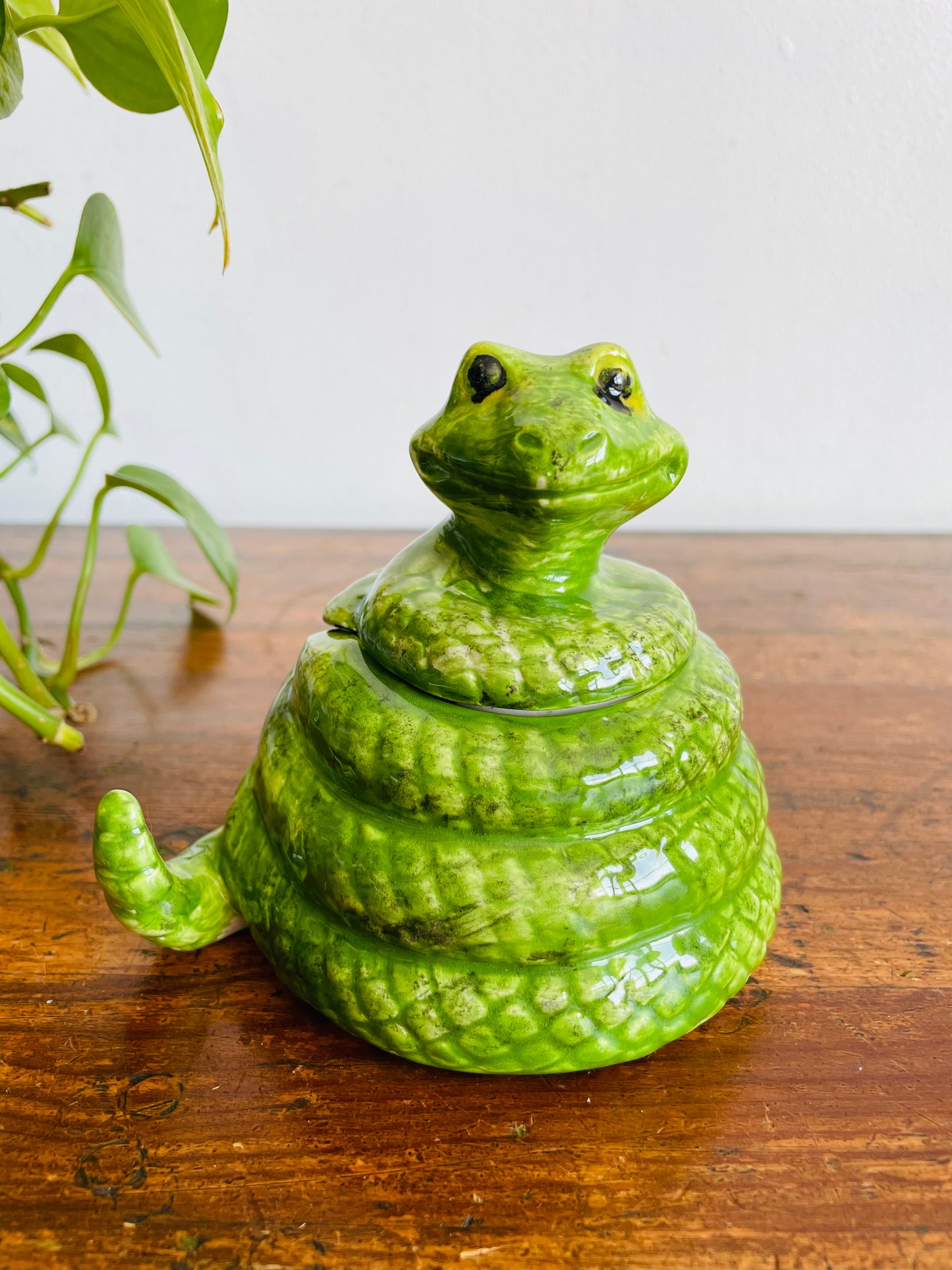 Adorable Hand Painted Green Ceramic Coiled Snake Jar with Lid