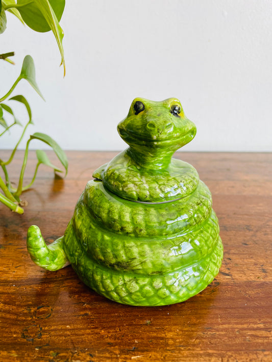 Adorable Hand Painted Green Ceramic Coiled Snake Jar with Lid