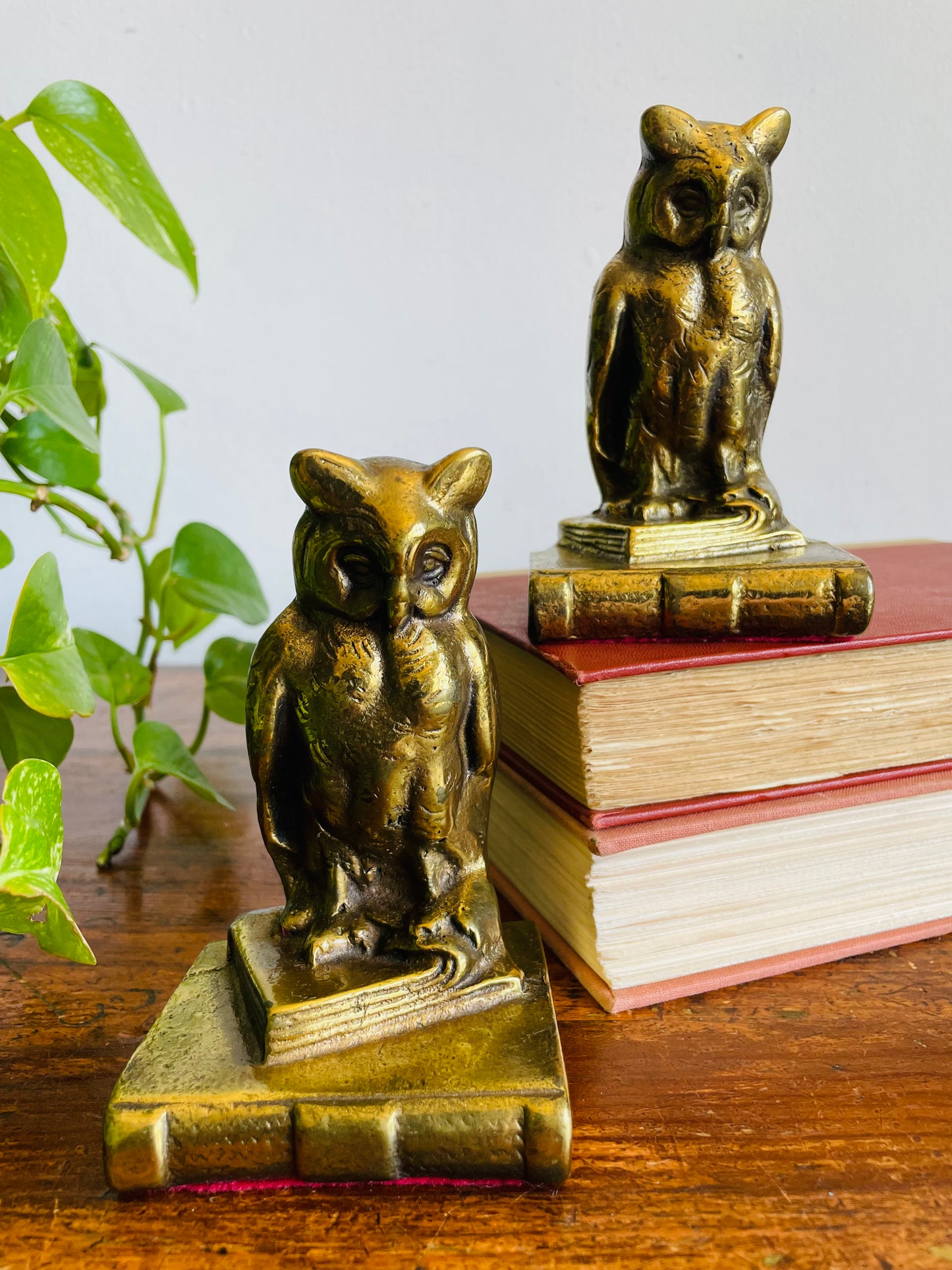 Vintage Solid & Heavy Brass Wise Owls on Stack of Books Bookends - Set of 2