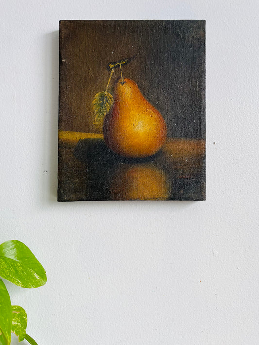 Antique Original Art Painting Picture on Canvas - Moody Still Life Study of a Pear