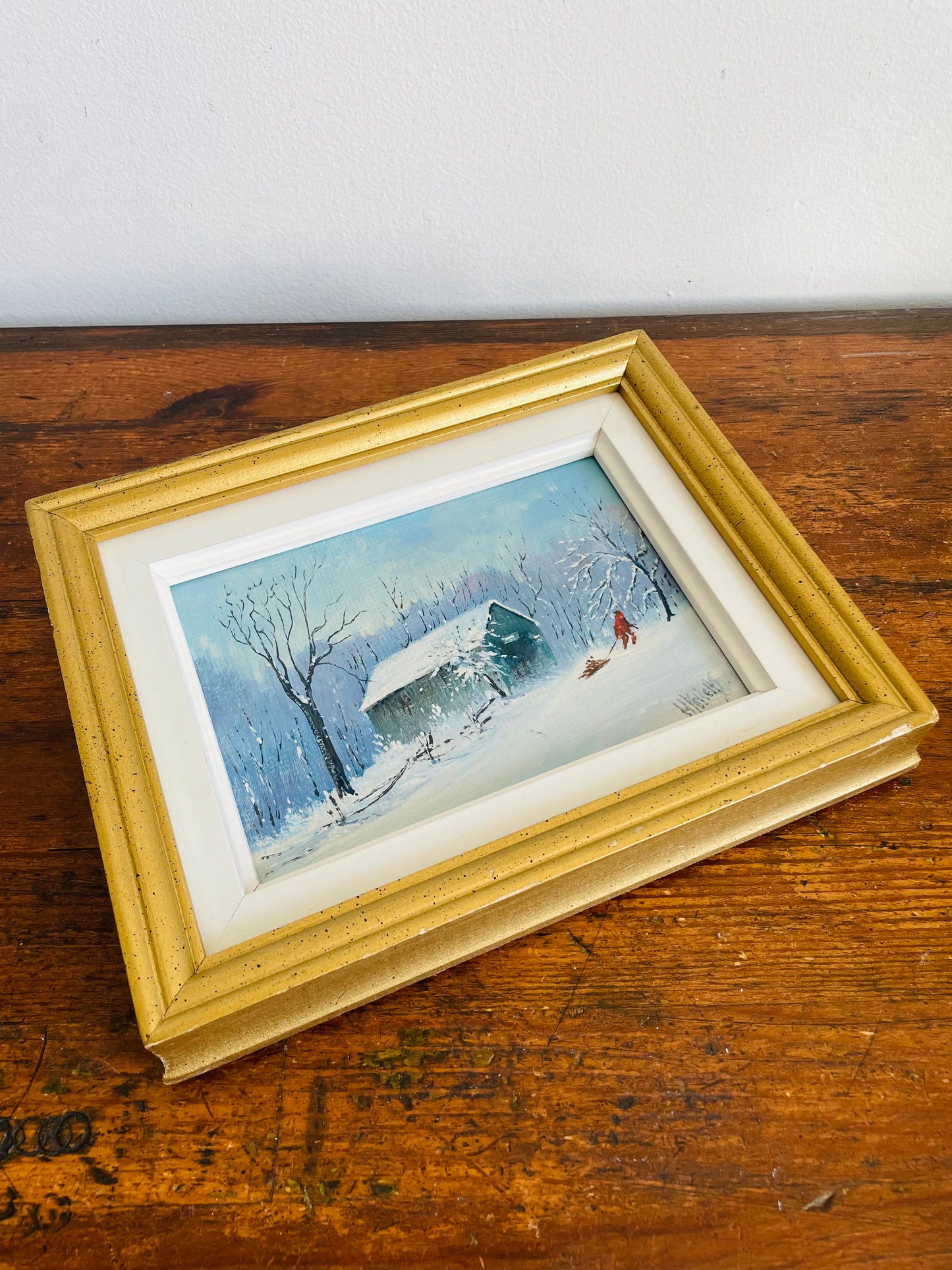 Vintage 1984 Original Art Painting of Child Pulling Sled with Chopped Wood Through Snow - "Painted by Harold Knight in my 89th Year"