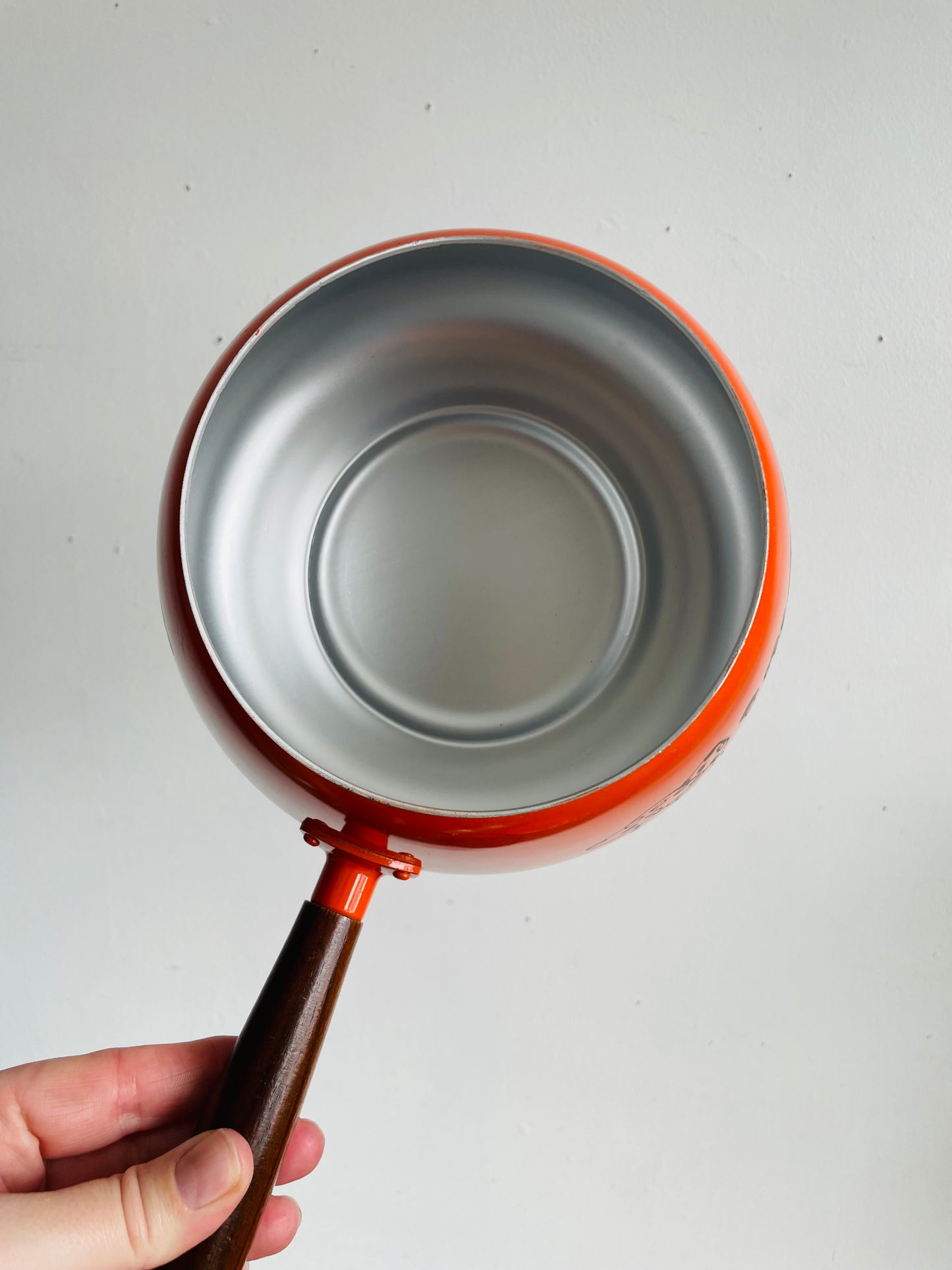Vintage 1970s Groovy Bright Orange Fondue Pot Set with Mushroom Graphics - Made in Japan