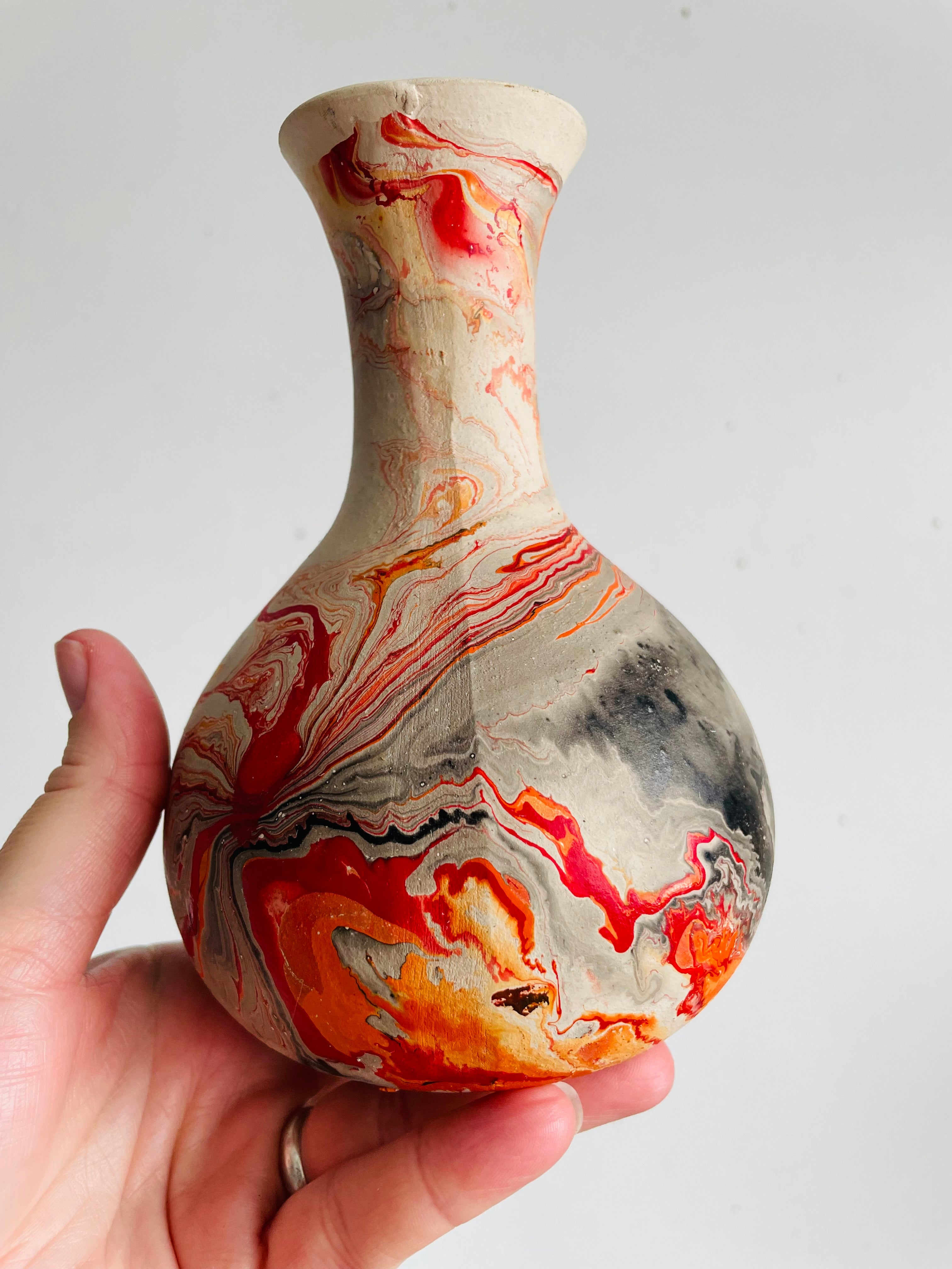 Vintage Nemadji Clay Pottery Vase - Red, Orange & Black Marbled