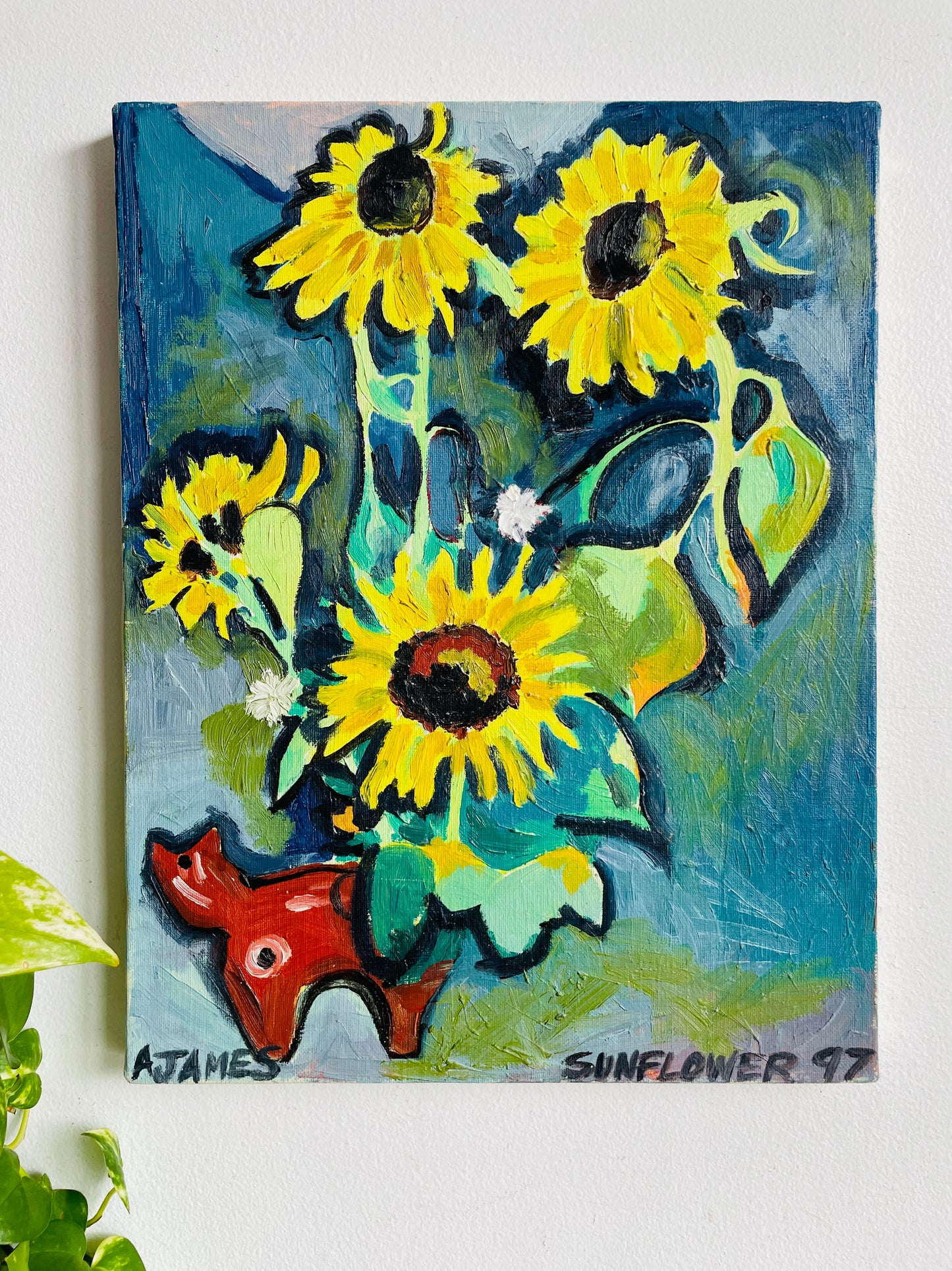 Vintage 1997 Sunflower Garden & Cat Abstract Original Art Painting on Canvas - Artist Signed A. James