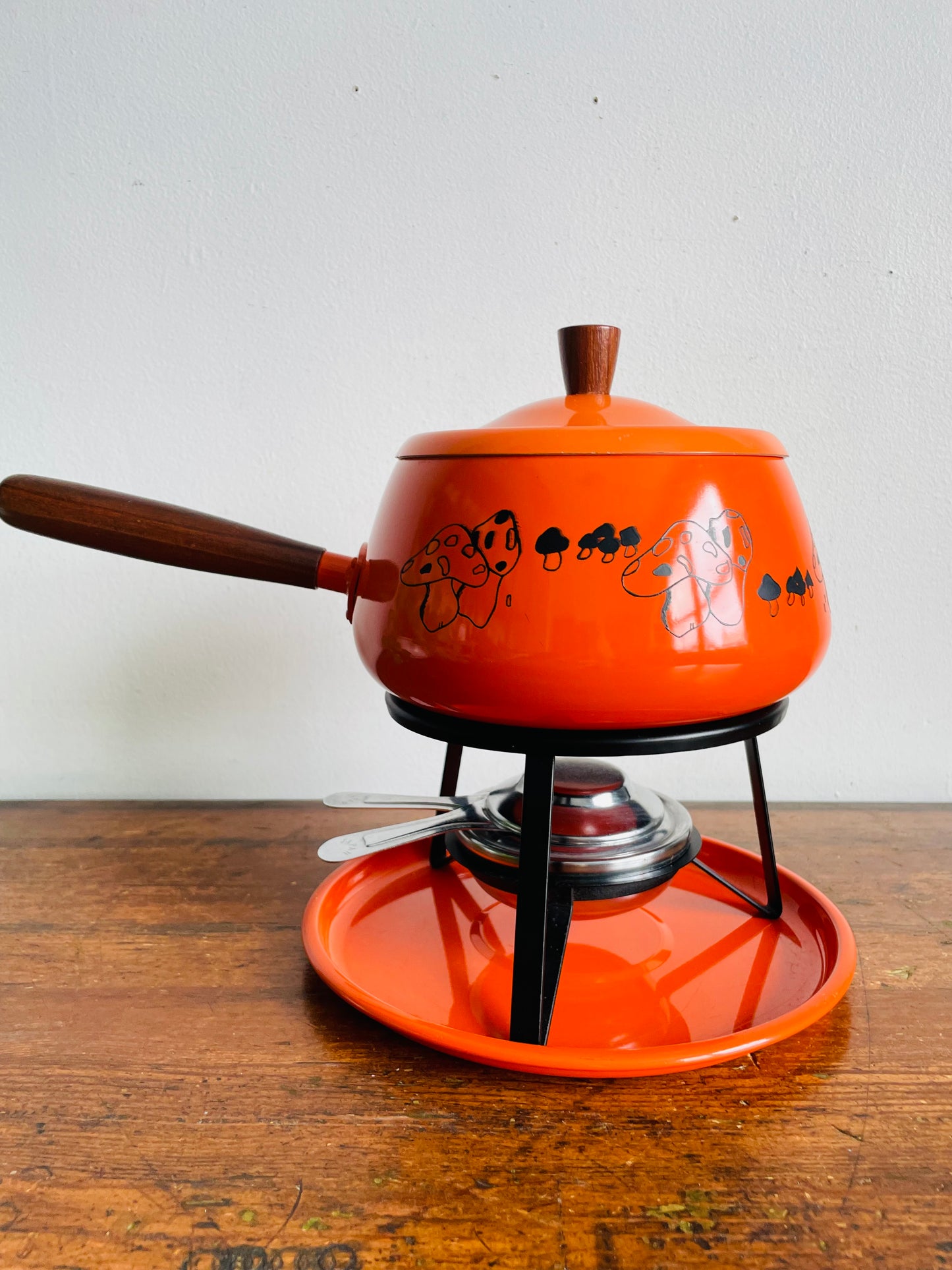 Vintage 1970s Groovy Bright Orange Fondue Pot Set with Mushroom Graphics - Made in Japan