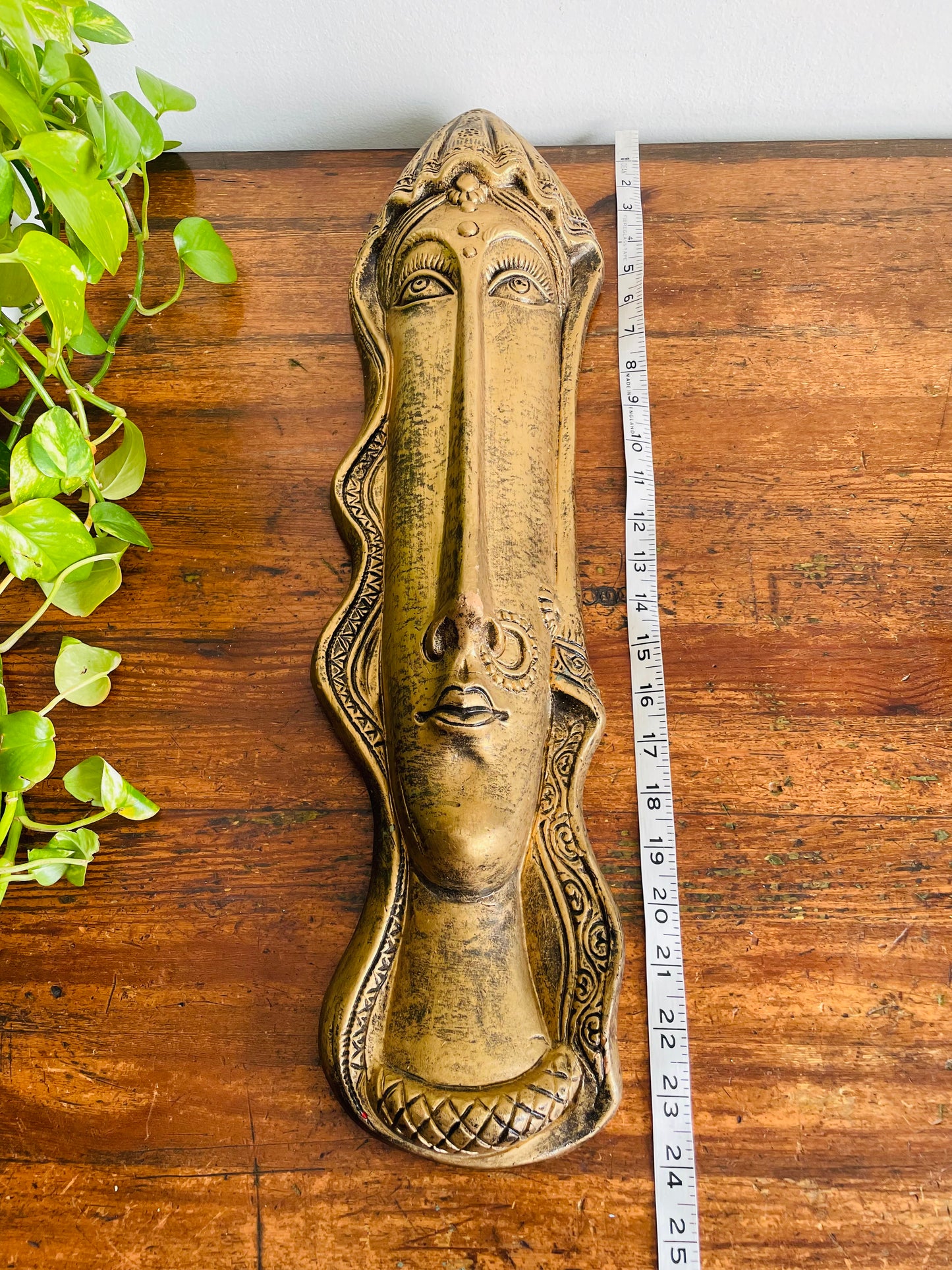 Vintage Stunning Long & Narrow Terracotta Clay Painted Gold Wall Hanging Face Sculpture - No Shipping