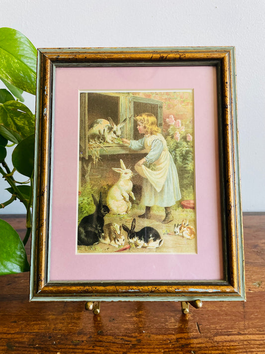 Vintage Print Picture of Little Girl Feeding Carrots to Rabbits - Adorable & Sweet!