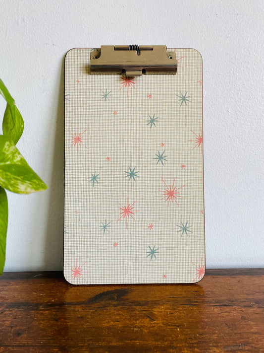 1964 Half Sheet Blue & Pink Atomic Starburst Clipboard with Gator Grip Clip - Made in USA