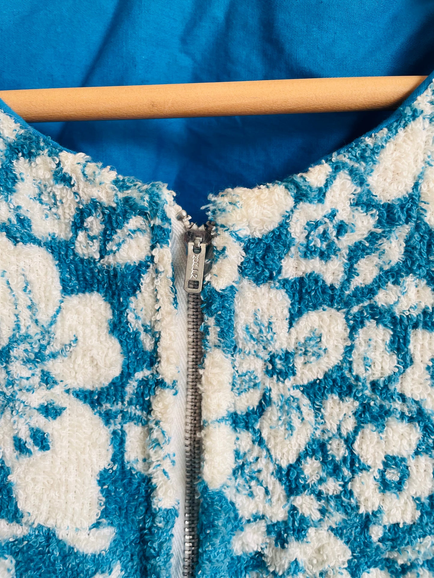 Zippered Terry Cloth Towel Dress or Beach Cover-Up with Pockets & Blue & White Tropical Hibiscus Flower Design