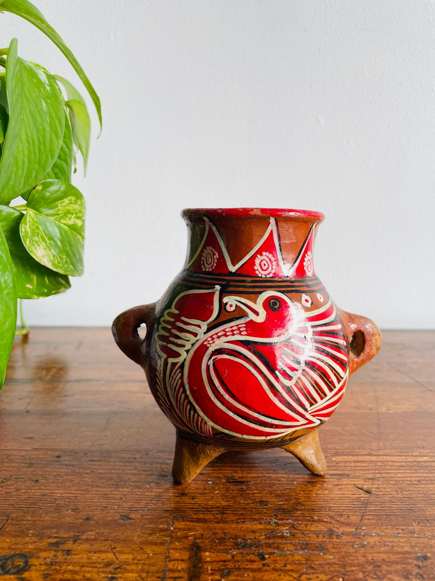 Mexican Folk Art Pottery Footed Vase Vessel with Handles & Bird Design