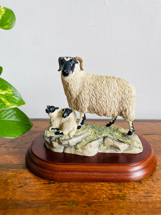 Vintage 1996 Border Fine Arts B124 Blackface Ewe & Lambs Sheep Figurine Statue on Wood Base - Handmade in Scotland