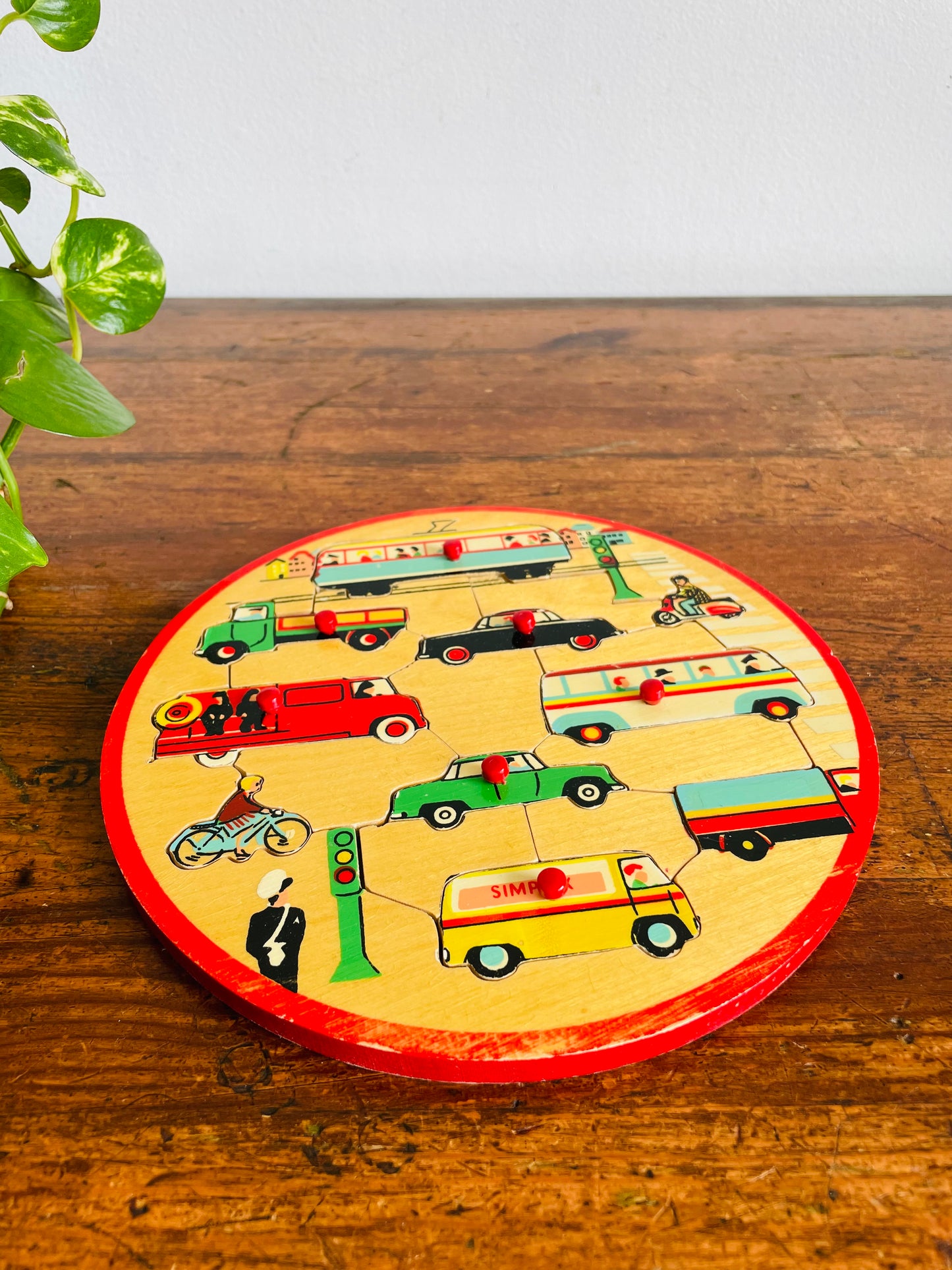 Vintage Simplex Round Wooden Knob Handle Puzzle with Automobile, Vehicle & Transit Design - Made in Holland