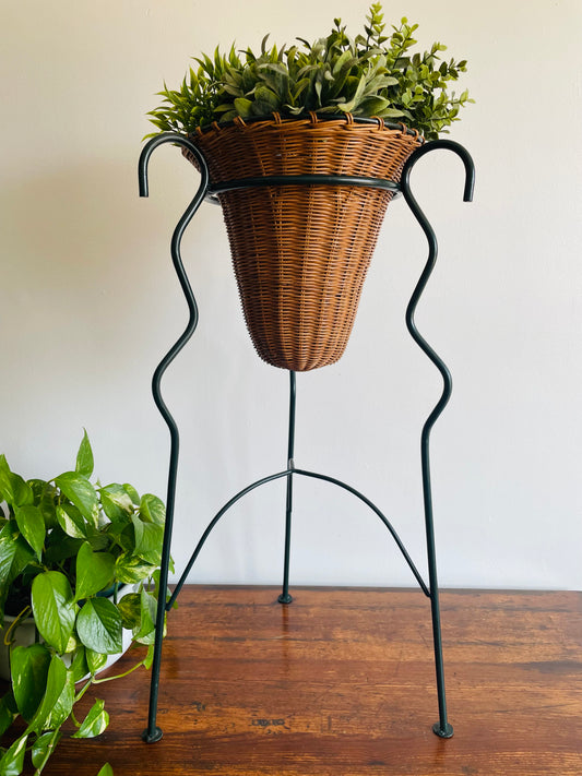 Forest Green Wrought Iron Squiggle Plant Stand with Wicker Basket Planter
