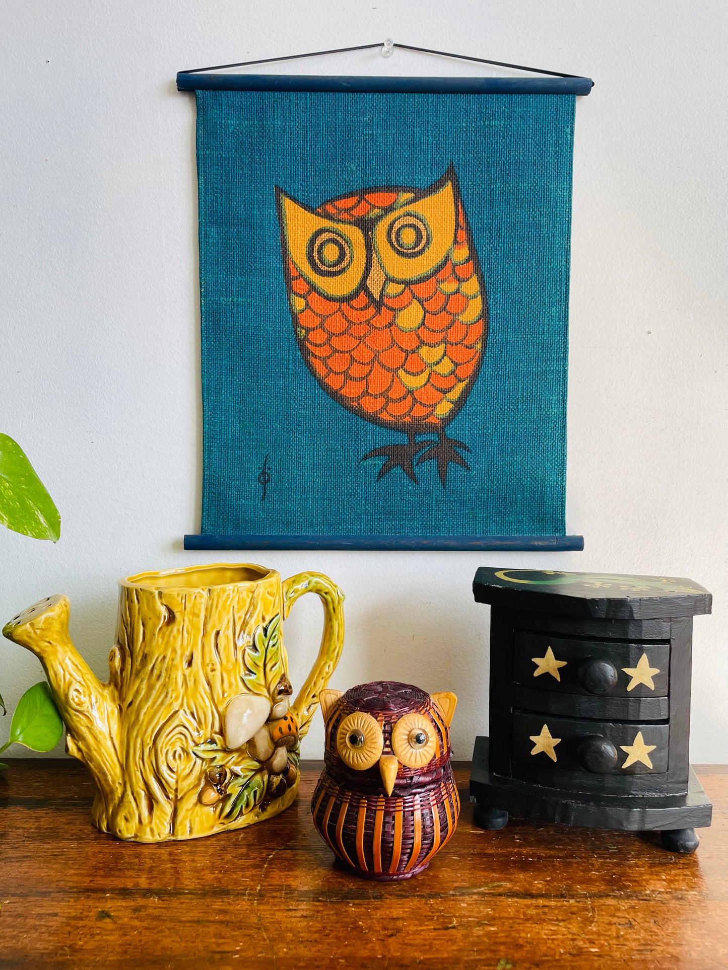 Vintage Mid-Century Modern Woven Wicker Wood Owl Basket Box Container with Lid